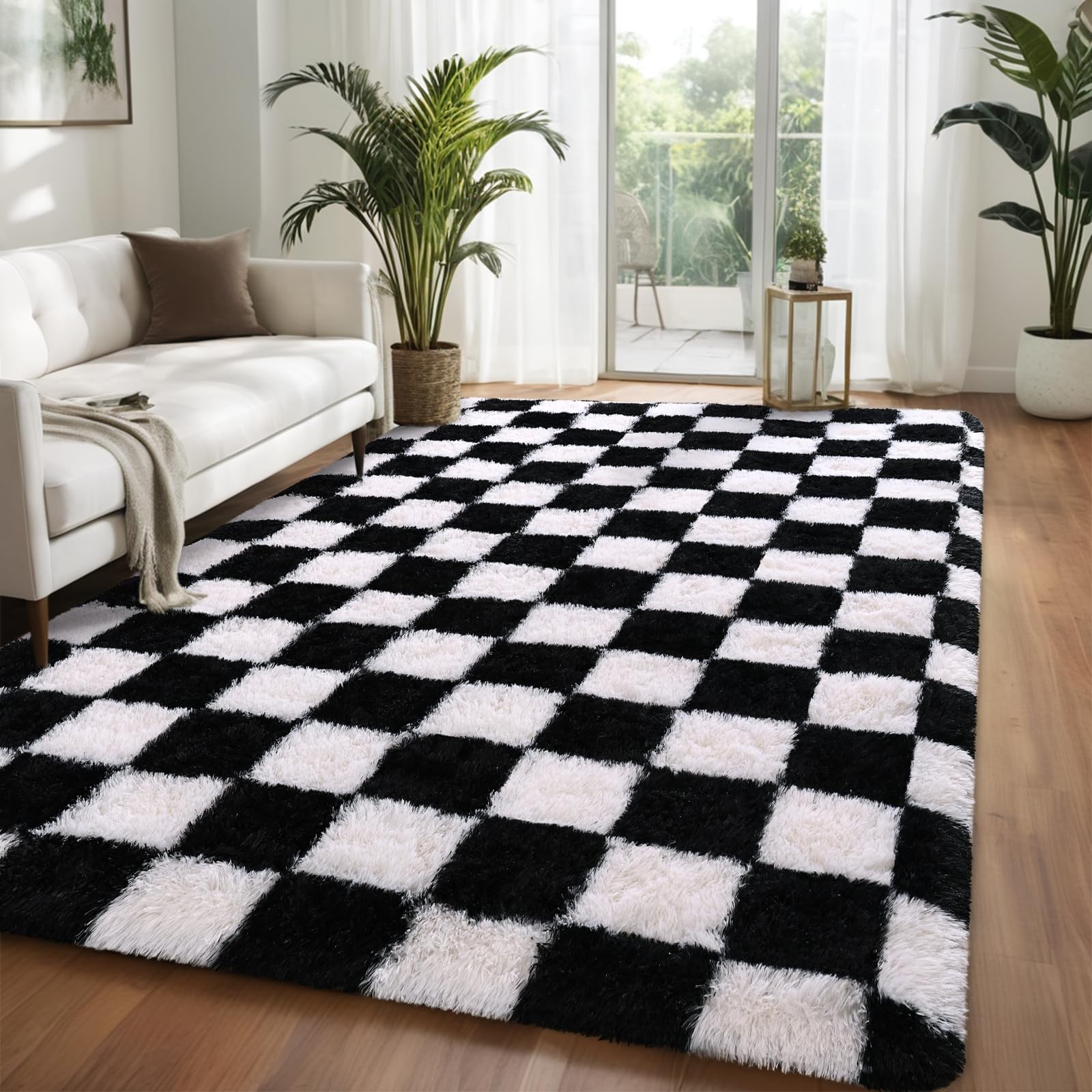 Nuttumico Black White Checkered Rug for Living Room, 4×6 Feet Modren Indoor F…