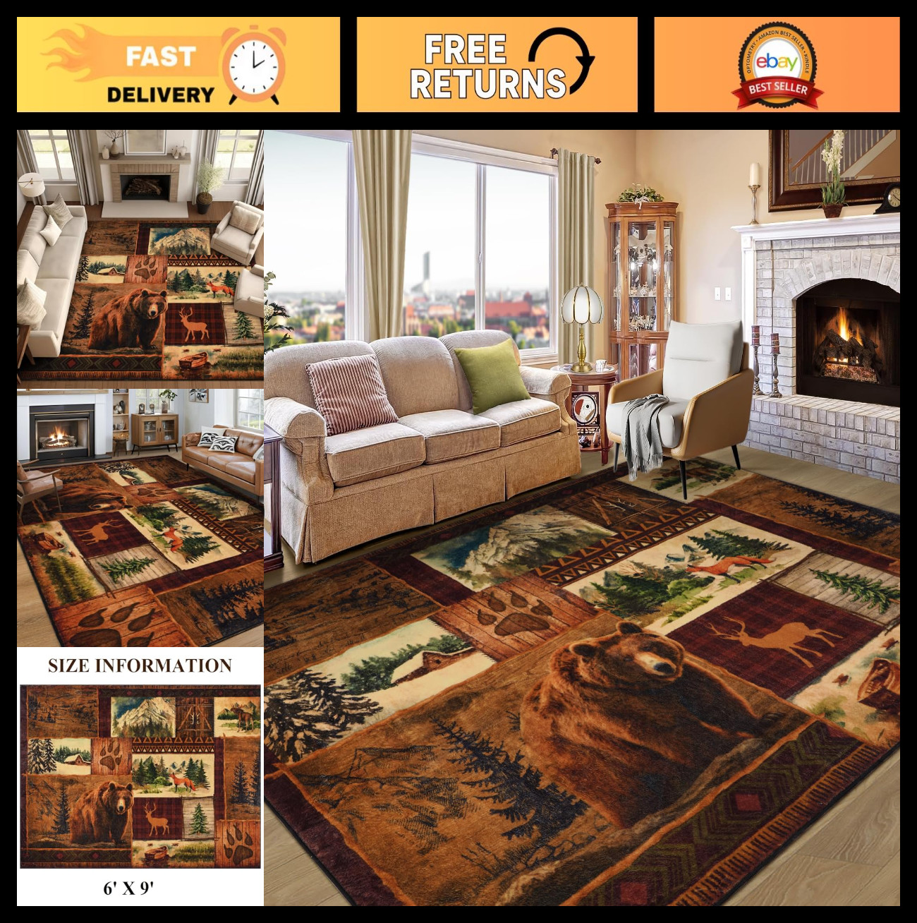 Rustic Lodge Area Rug 6×9 – Bear Moose Deer Design, Washable Non-Slip Soft Buffa
