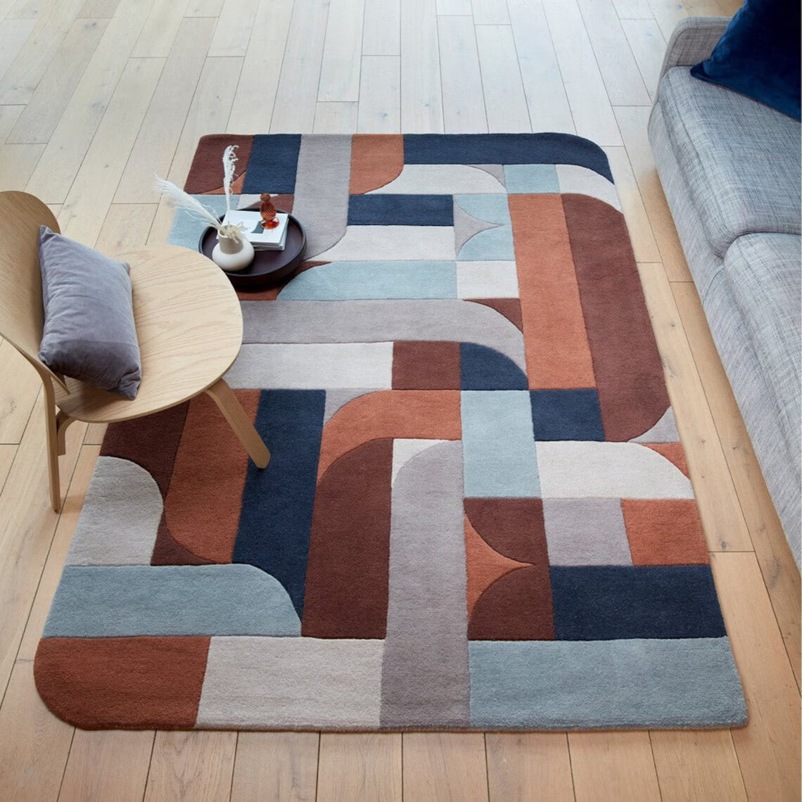 Modern Geometric Hand-Woven High-Density Soft Textured Wool&Viscose Mix Terracot