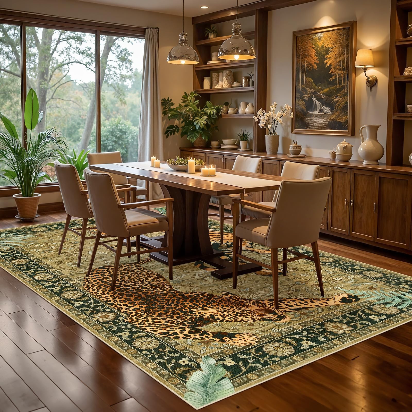 Washable Tiger Print 5×7 Living Room Area Rug, Vintage Boho Cheetah Dining Ro…