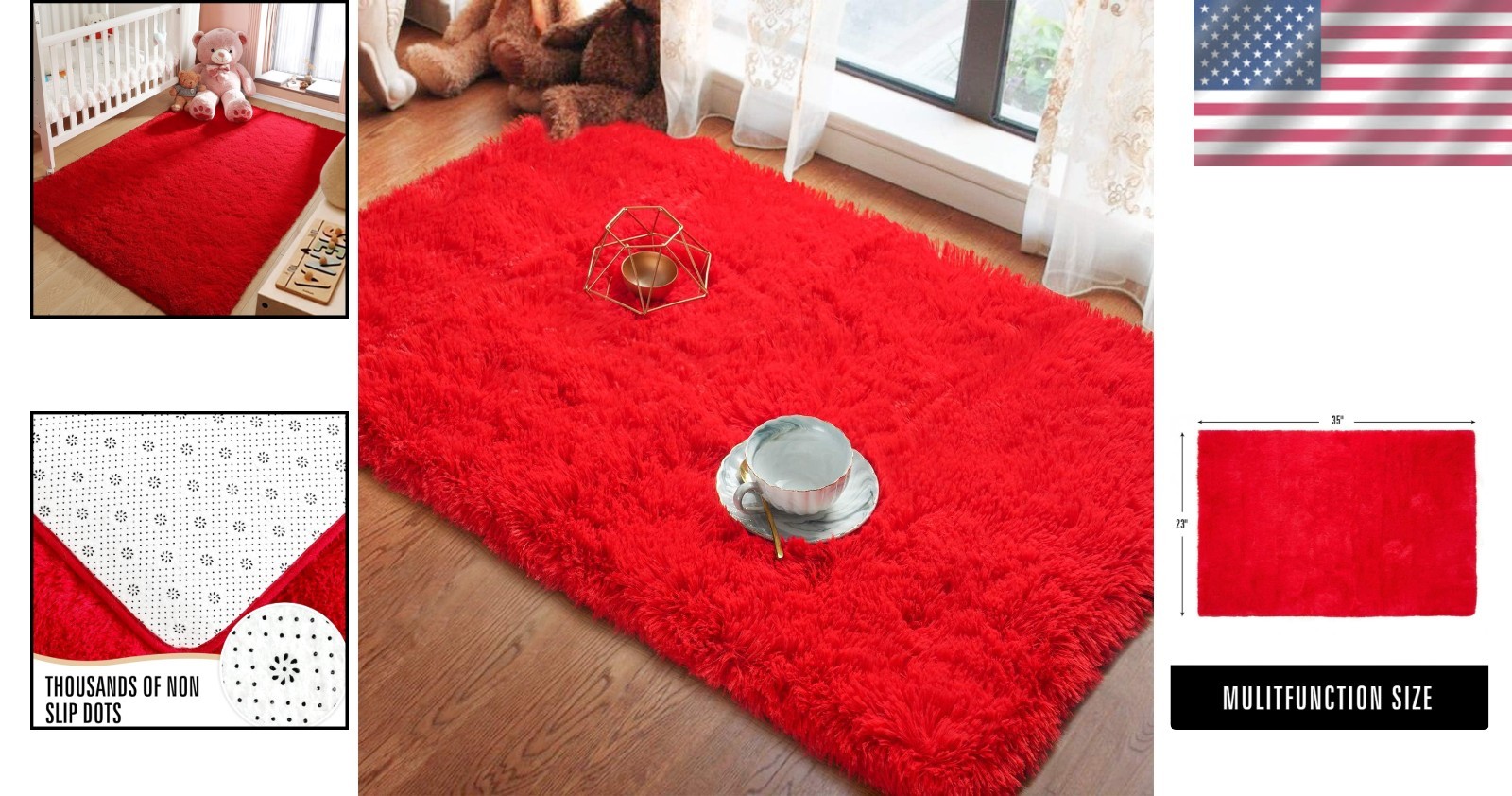 Machine Made Fluffy Red Indoor Area Rug – Perfect for Living Rooms & Nurseries