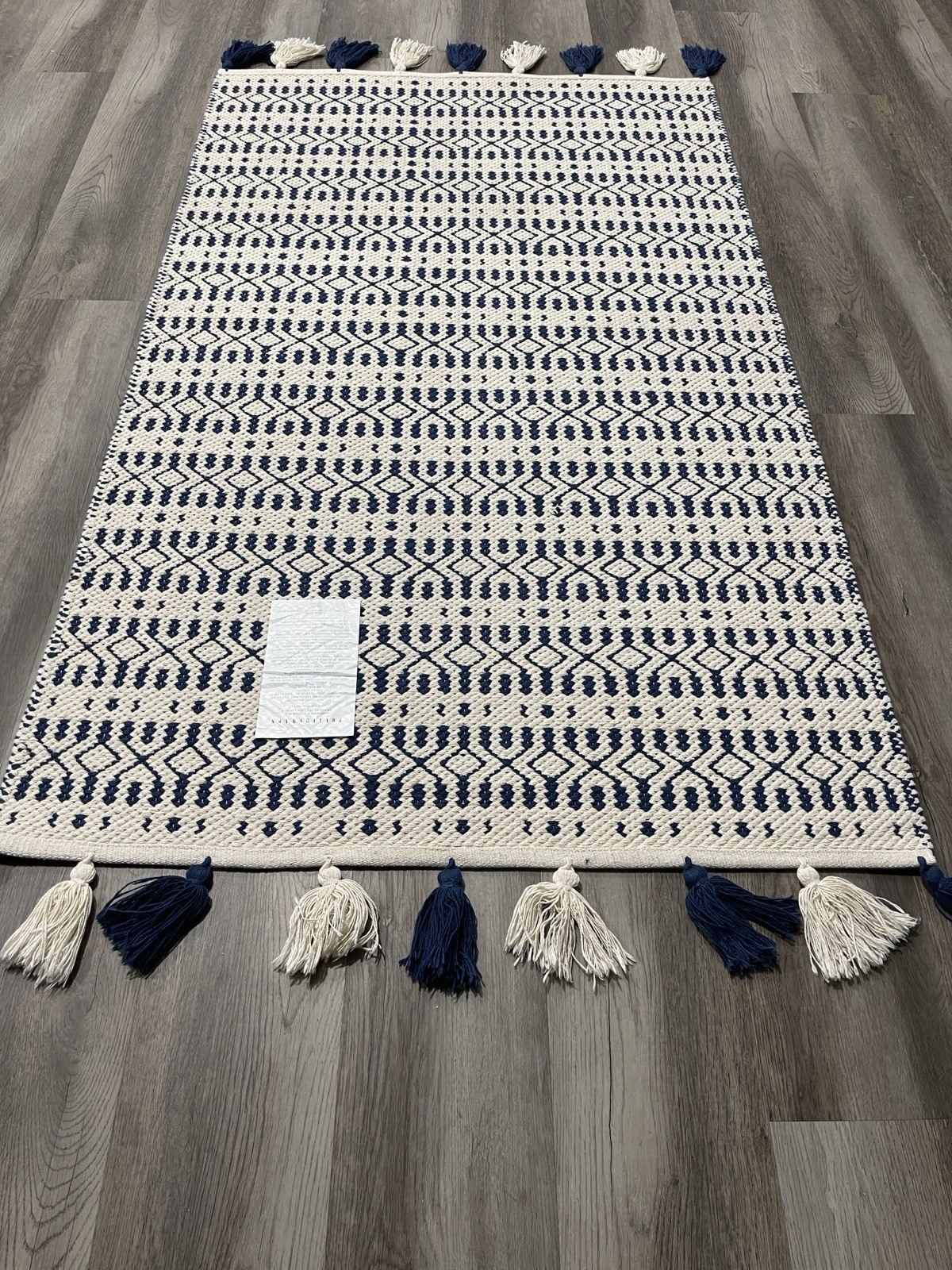 Pottery Barn handwoven Tassel Tribal Cotton area rug size 3×5 blue ivory cream