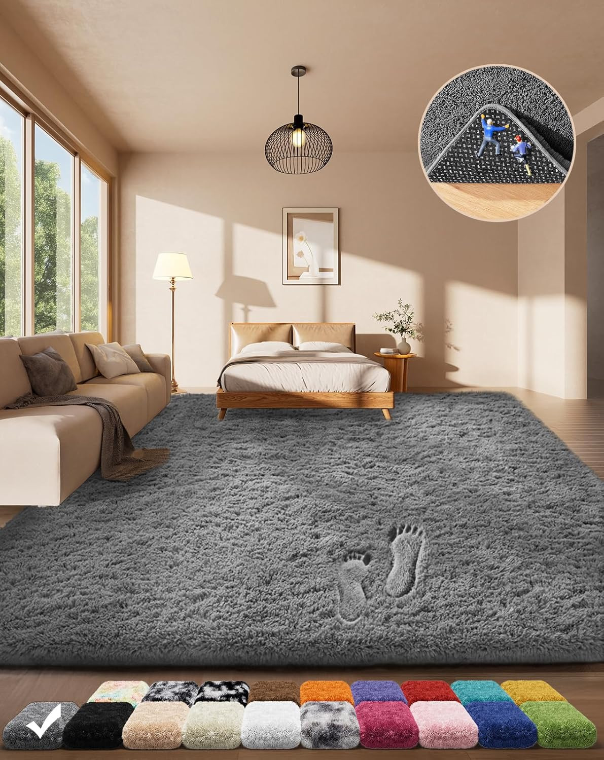 Ophanie Area Rugs for Living Room Bedroom, Washable Non-Slip Fluffy Soft Grey Sh
