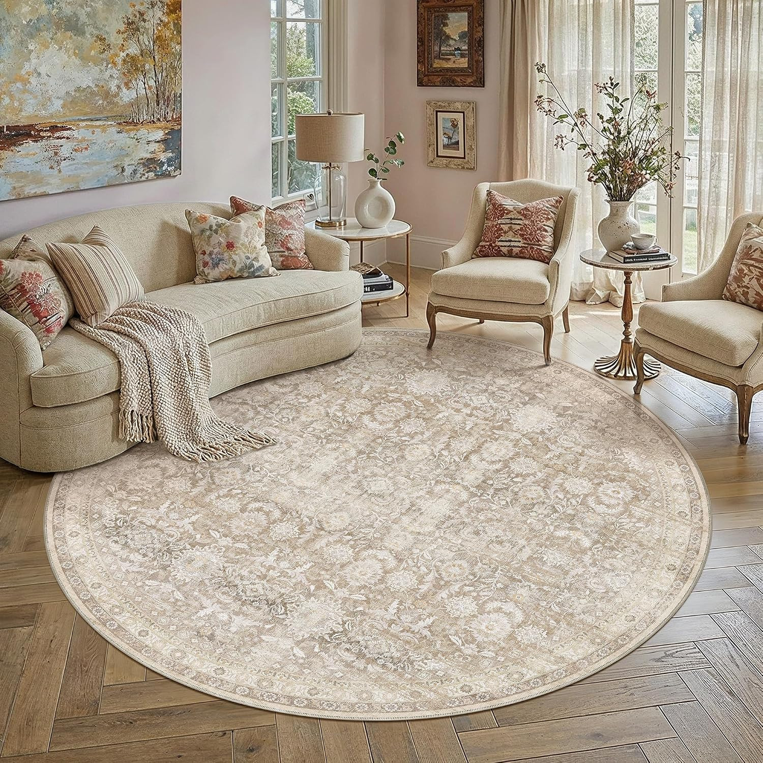 8X10 Beige Washable Neutral Area Rug Living Room Floral Non Slip Low Pile Large