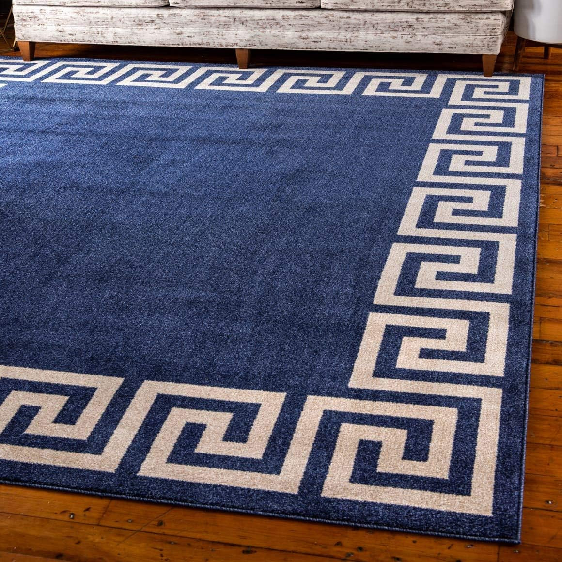 Modern Navy Blue & Beige Geometric 8′ Square Area Rug – Athens Collection