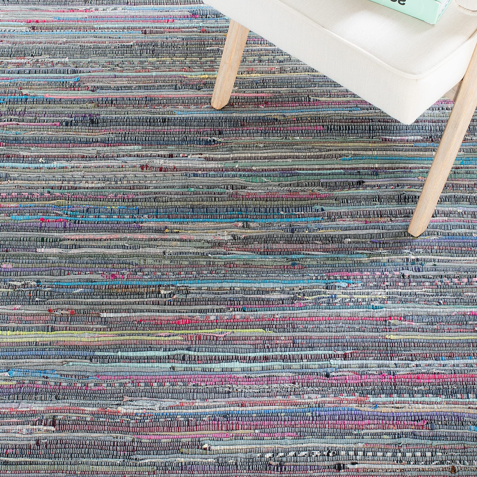 Rag Rug Collection Area Rug – 4′ Square, Aqua & Multi, Handmade Boho Stripe C…