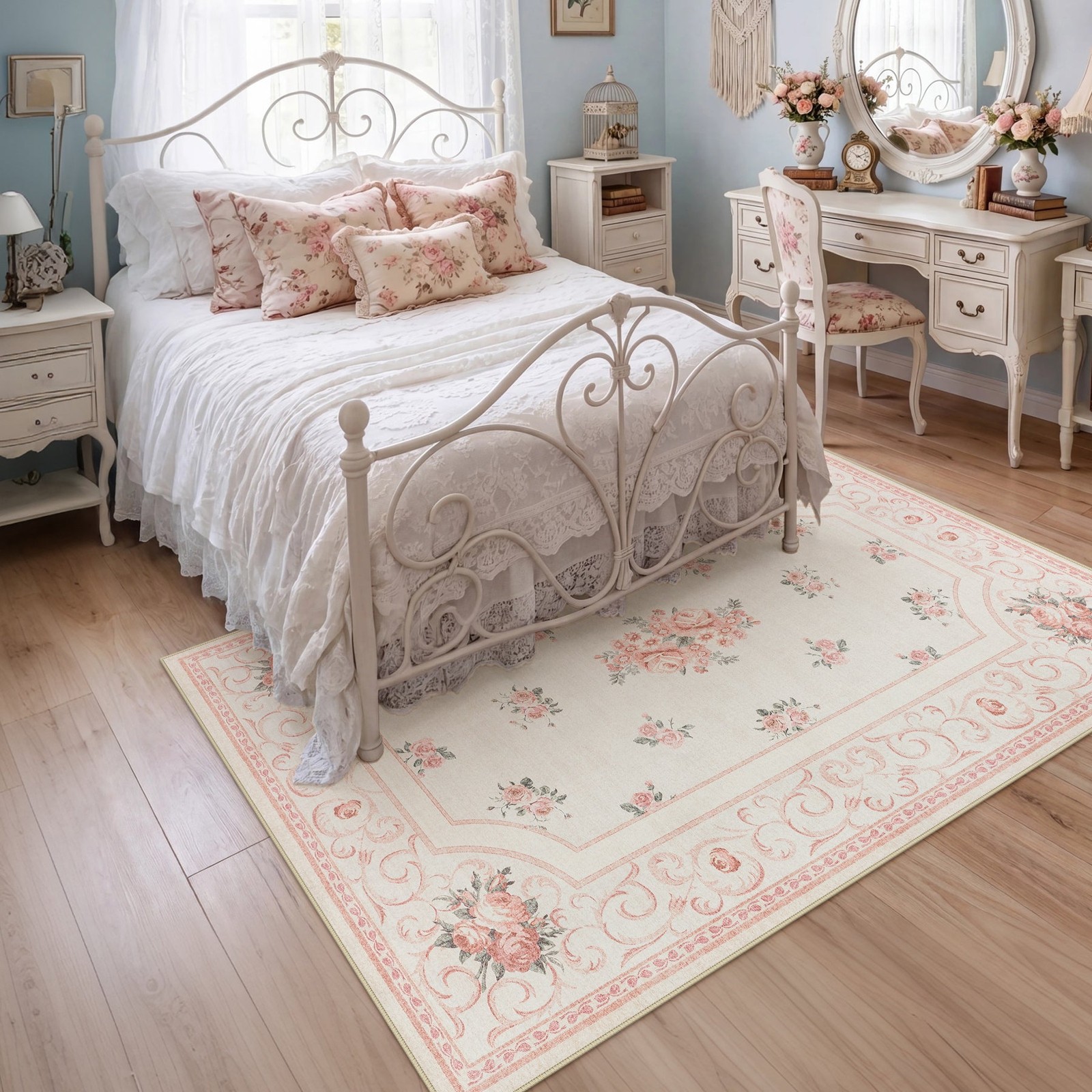 5X7/8X10 Washable Area Rug, Boho Floral Low Pile Non Slip Carpet for Living Room
