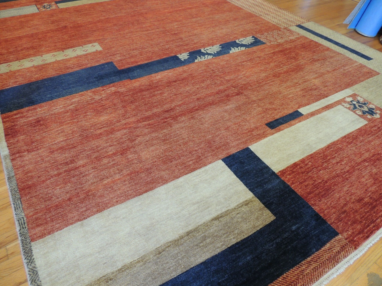 9×12 Modern Geometric Oriental Area rug wool Rust/Orange Beige Blue Linear
