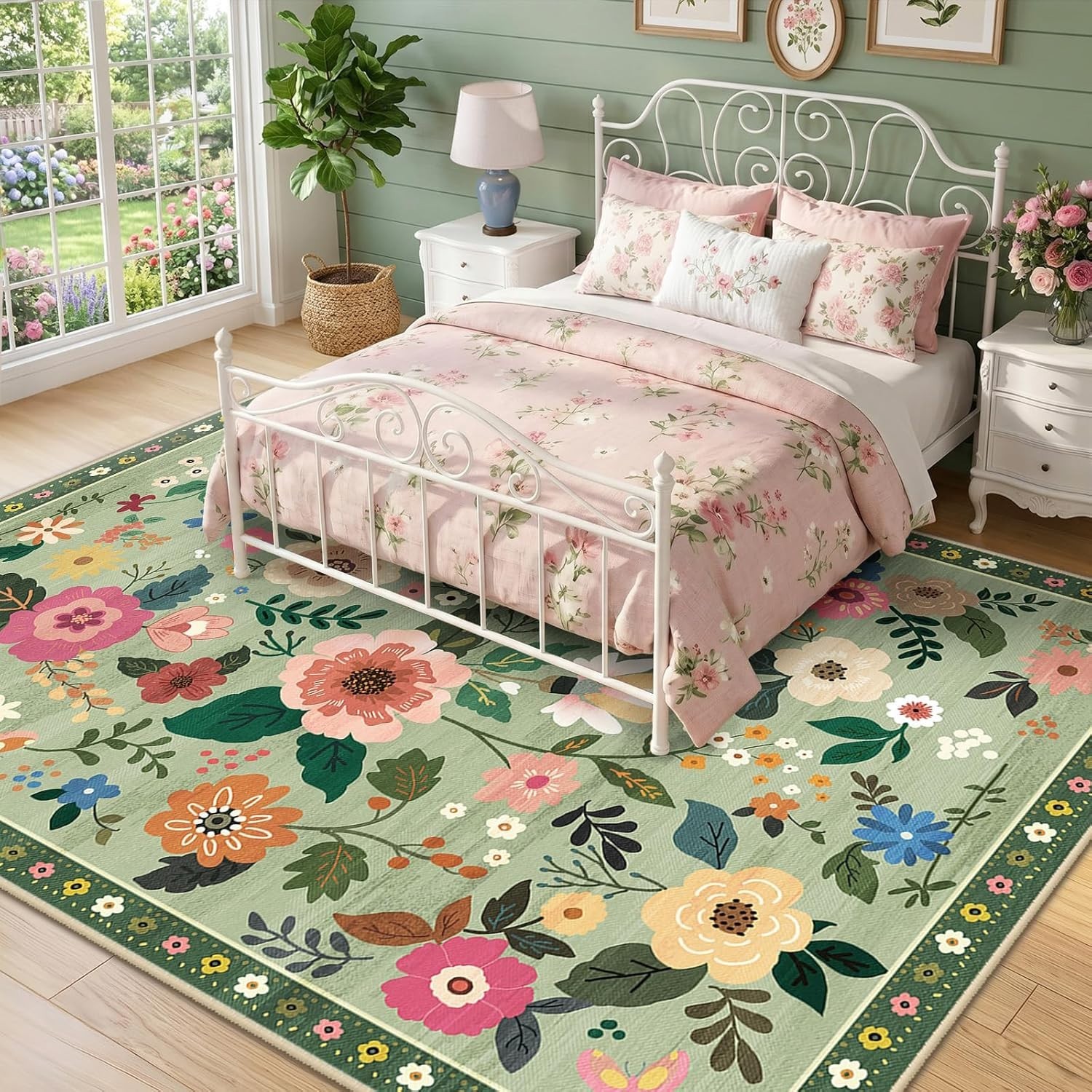 Floral 5×7 Washable Area Rug – Soft Non-Slip Carpet for Living Room & Bedroom