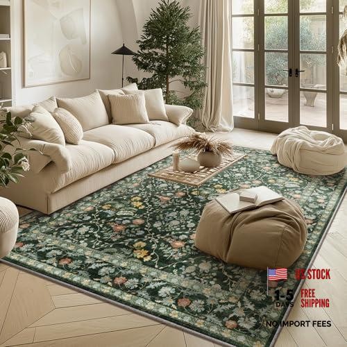 Vintage Botanical Dark Green Area Rug – Elegant Floral 5×7 Rectangular Teal