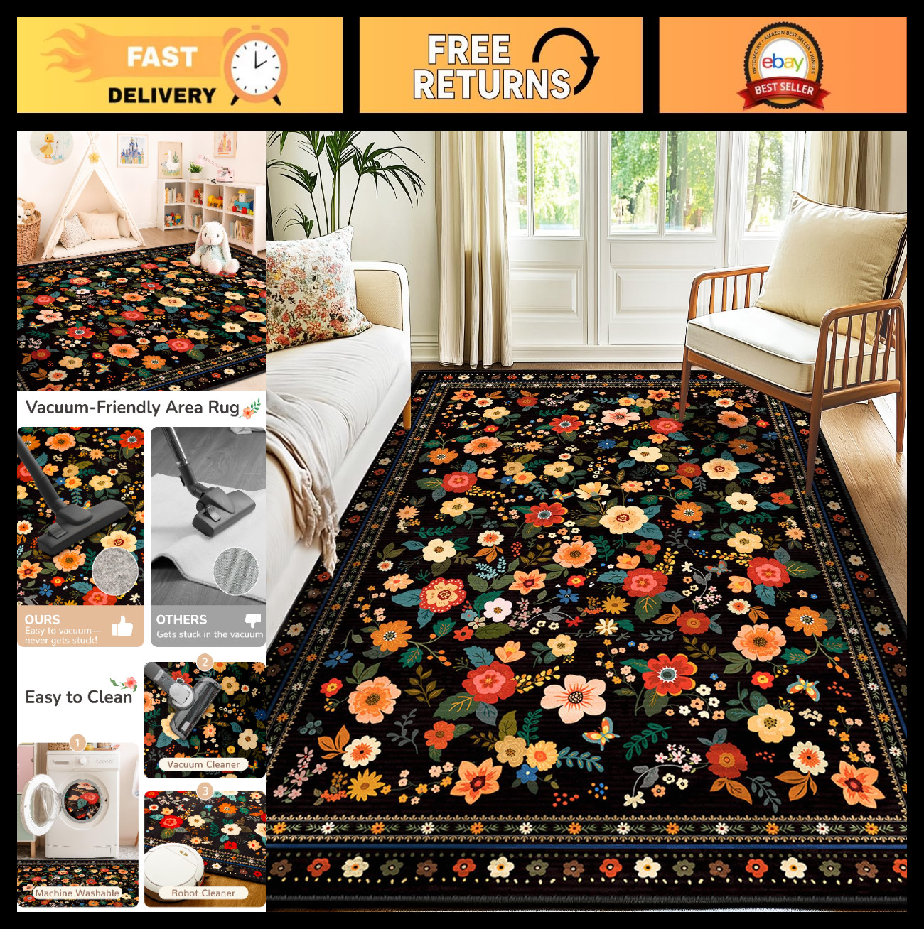 5×7 Floral Area Rug – Vacuum-Friendly, Machine Washable, Non-Slip Low Pile Carpe