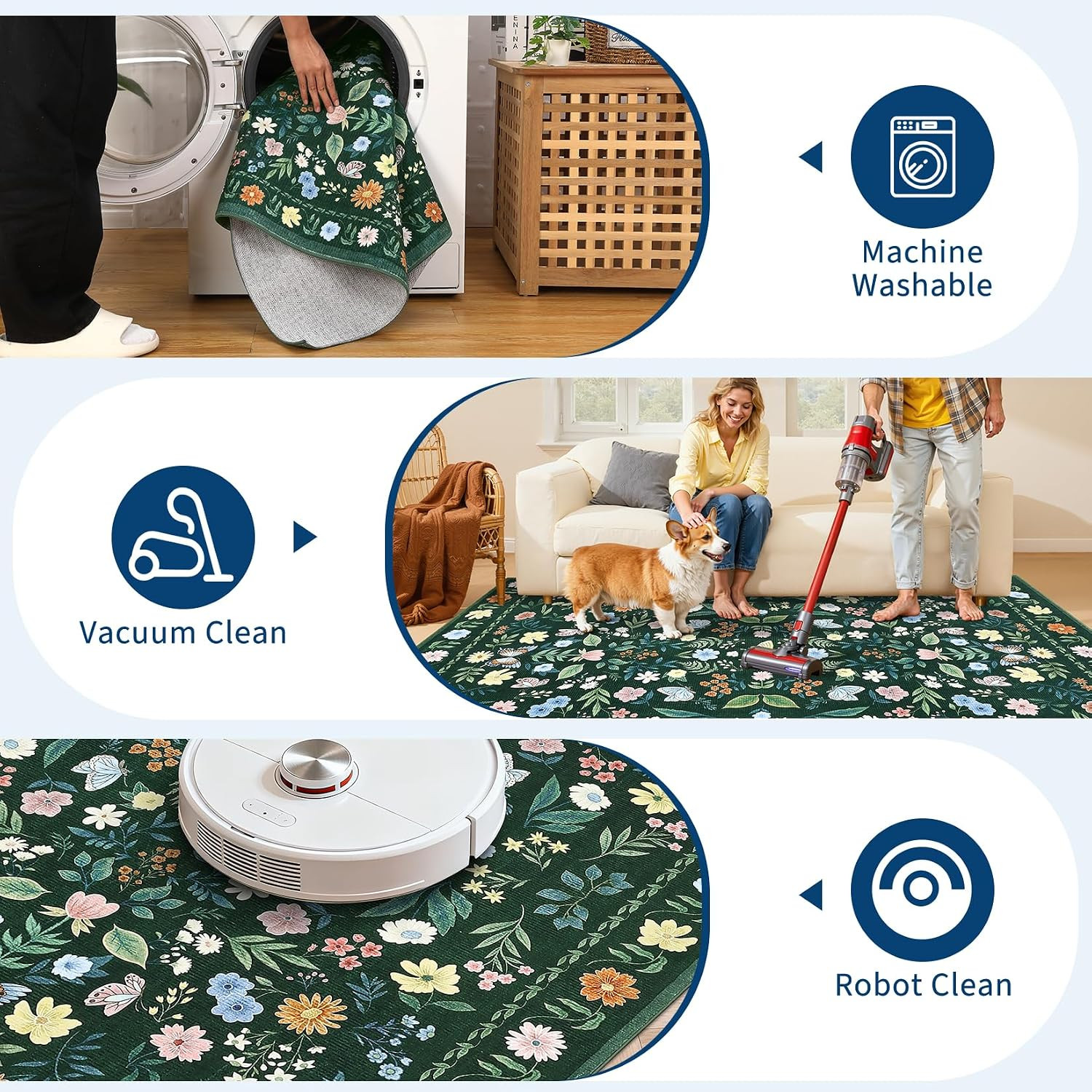 Washable Runner Rug 2X6, Floral Boho Area Rug for Hallway, Low-Pile Non-Slip Sta