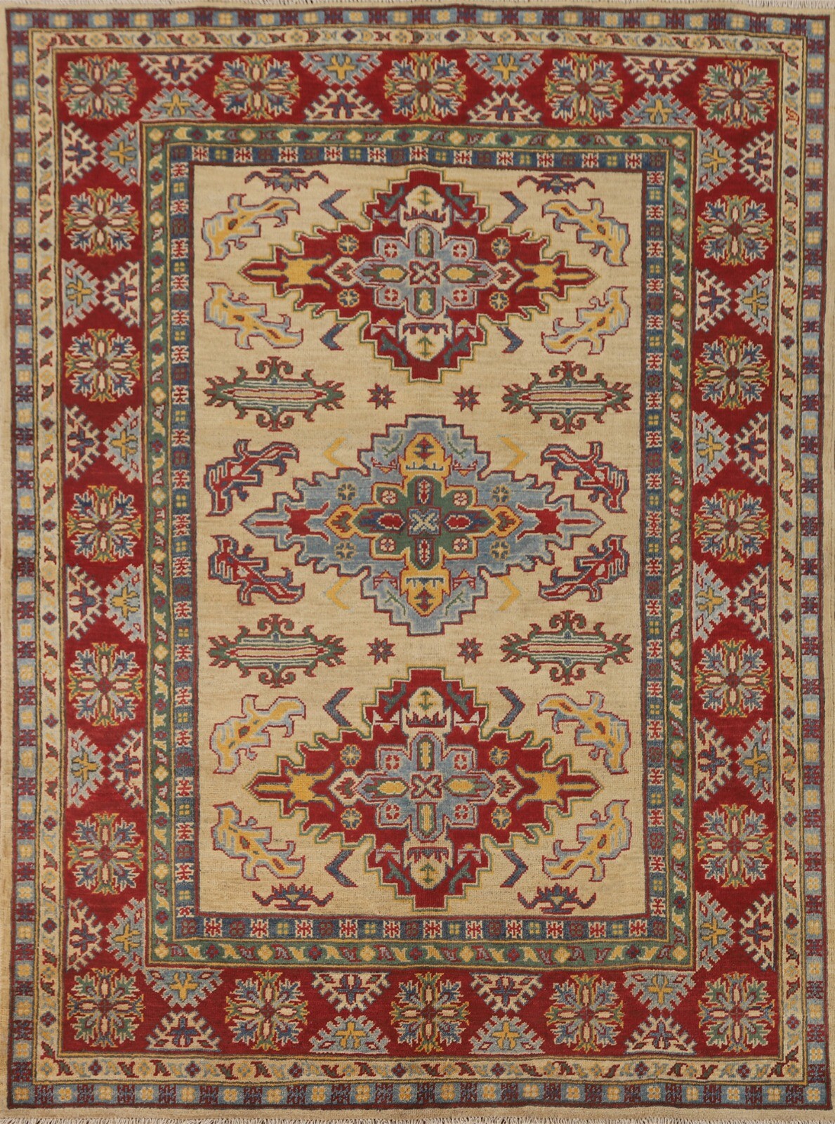 Geometric Beige/ Red Traditional Super Kazak Oriental Handmade Area Rug 5’x7′