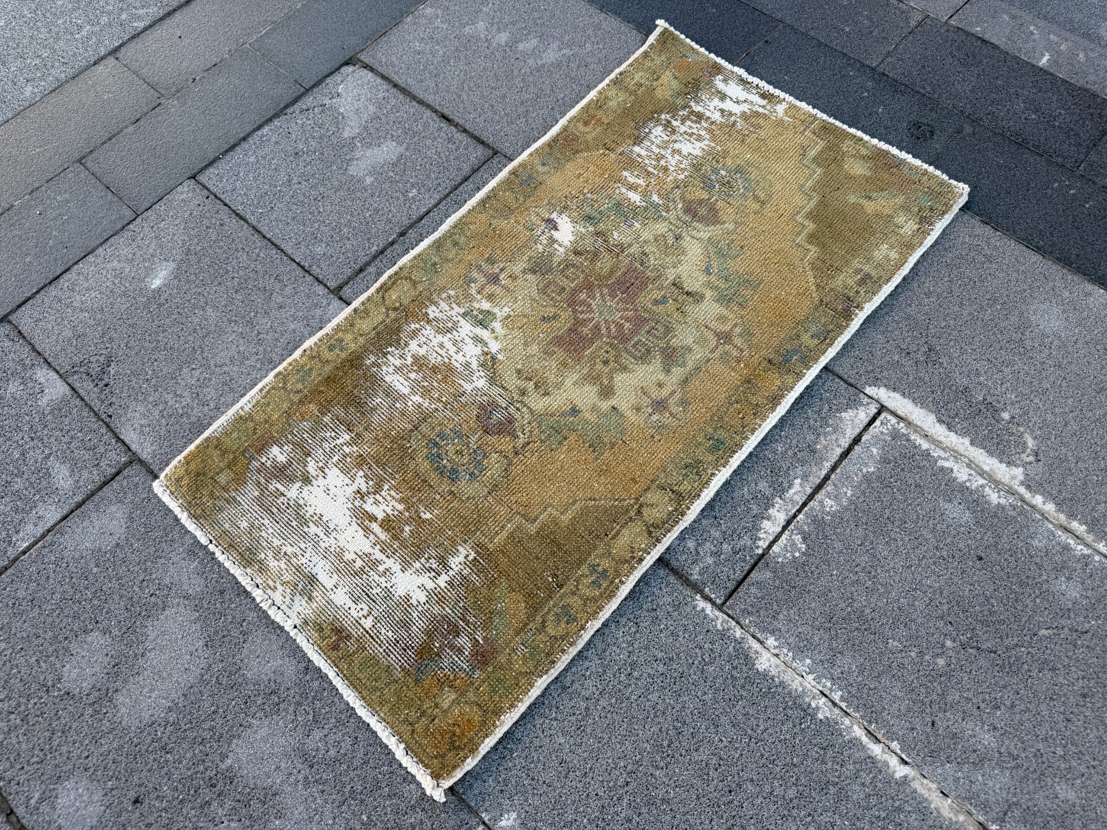 Vintage Turkish Rug 1.6×3.1 ft Olive Green Distressed Anatolian Accent Rug Wool