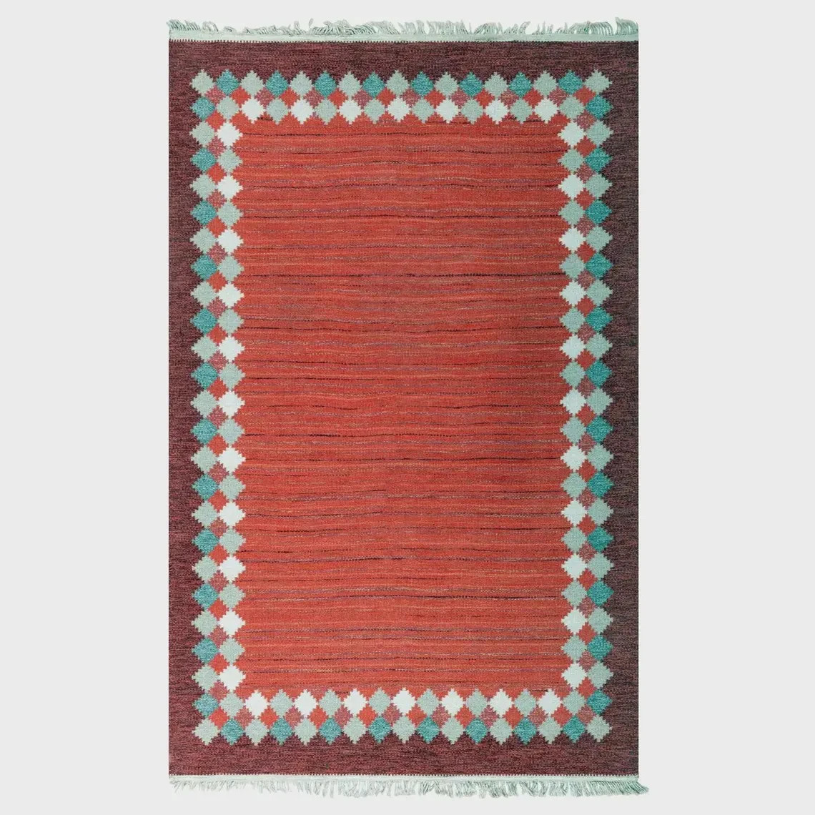 Handwoven Red Wool Kilim Rug: Geometric Boho Area Rug 8×10 Swedish Scandinavian