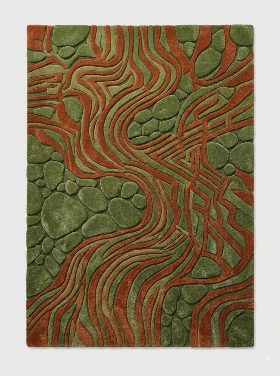 Olive & Rust Wool Hand-Tufted Rug | Abstract Path 3D Carved Design | 9×12