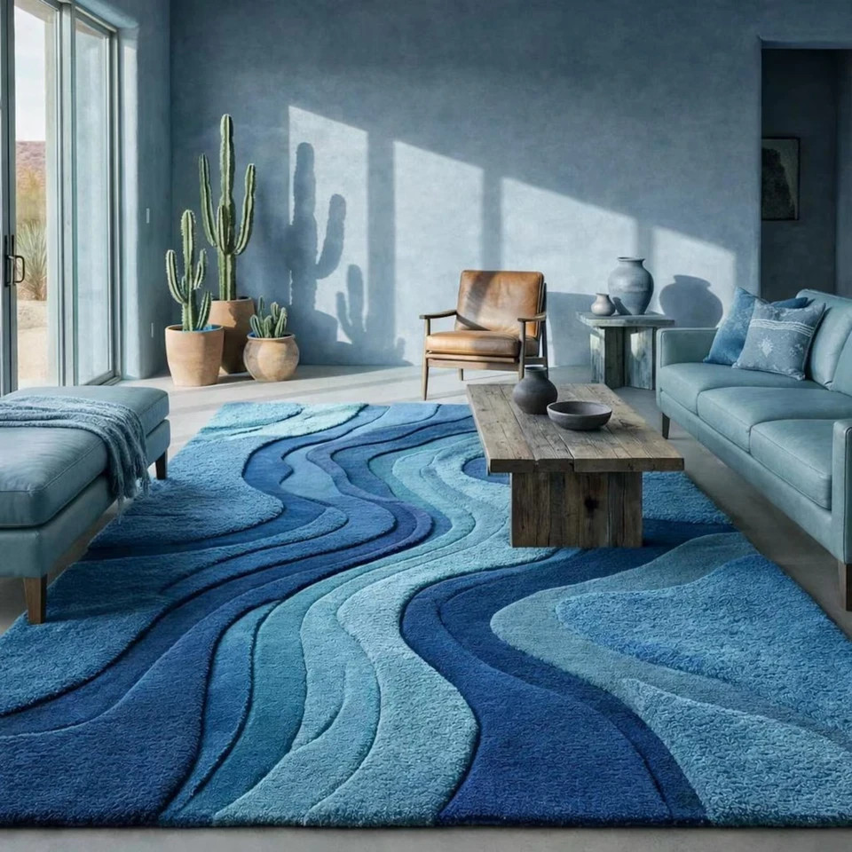Hand Tufted New Zealand Wool Blue Wave Abstract Rug Modern Luxury Room Carpet