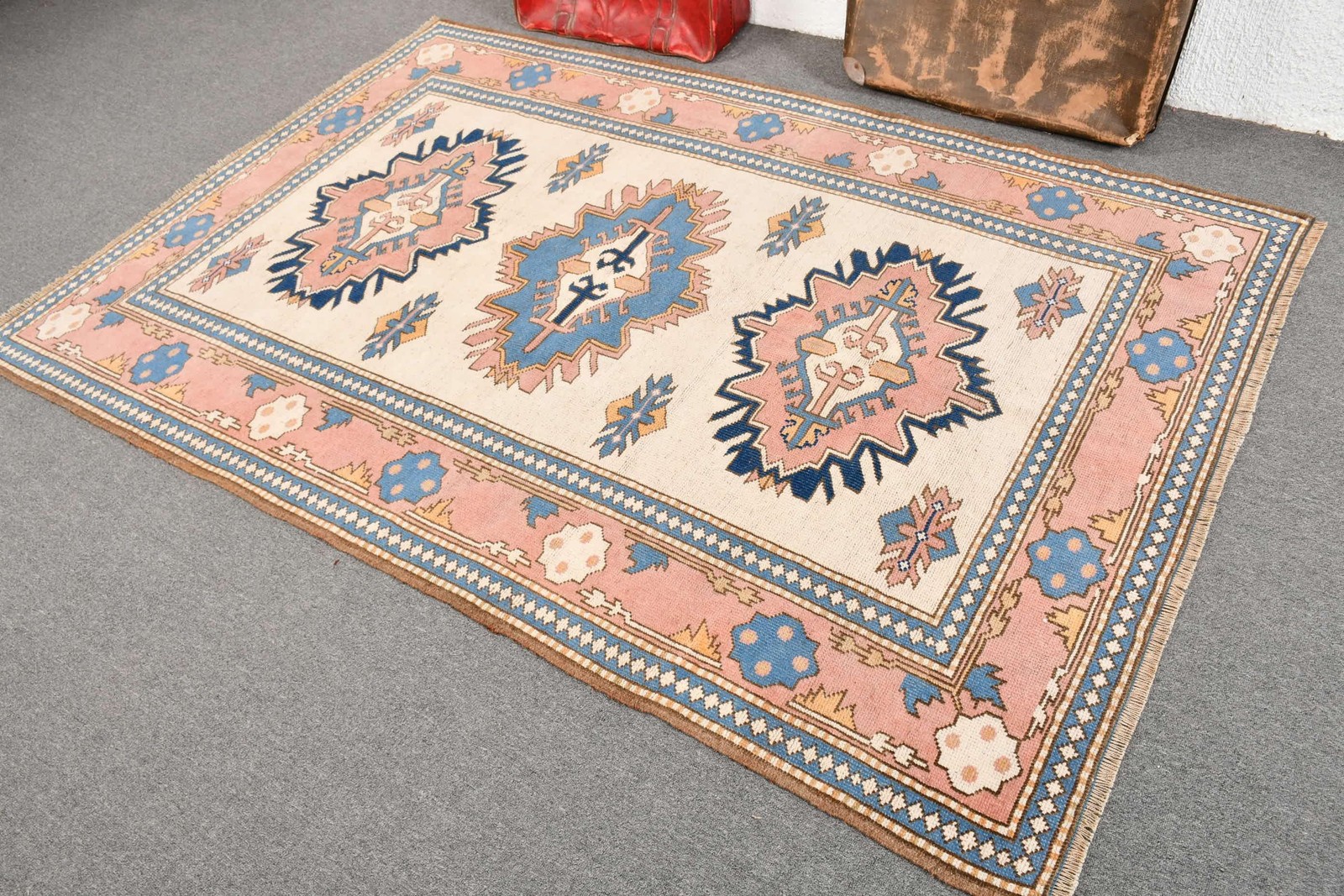Turkish Vintage Rug, 5,2×7,4 ft Rug, Blue Pink Check Rug