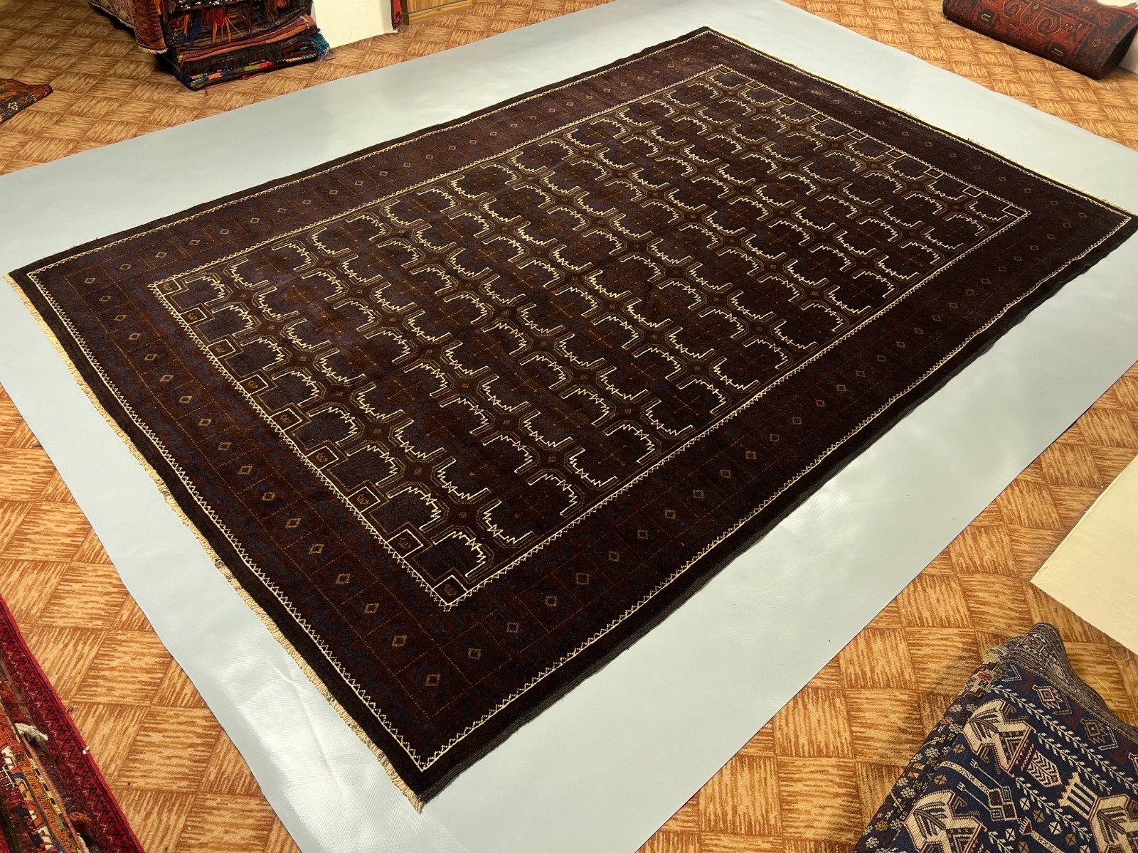 7’1 x 11’2 Ft Distinctive Afghan Baluchi Wool Rug Dark Brown Blue Geometric Rug