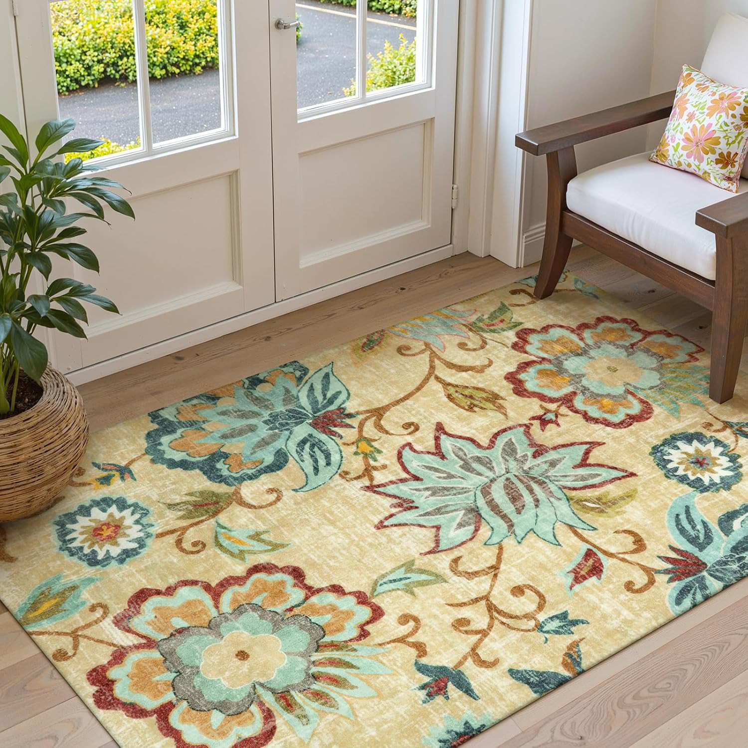 Floral Living Room Rug – 3X5 Area Rugs for Bedroom Machine Washable Non-Slip Thr