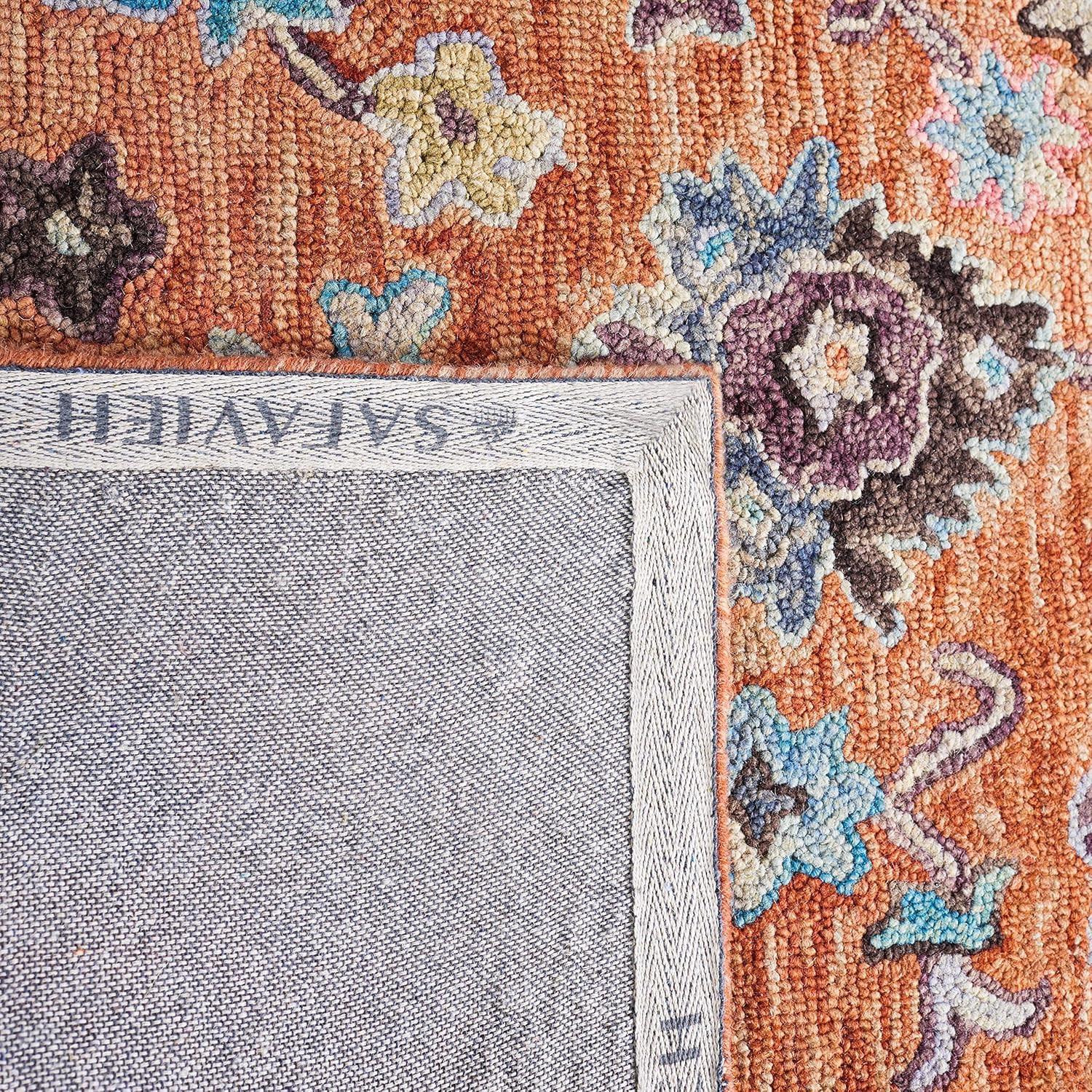 Rust & Blue Floral Area Rug – 6′ Square, Handmade Wool for High Traffic Areas