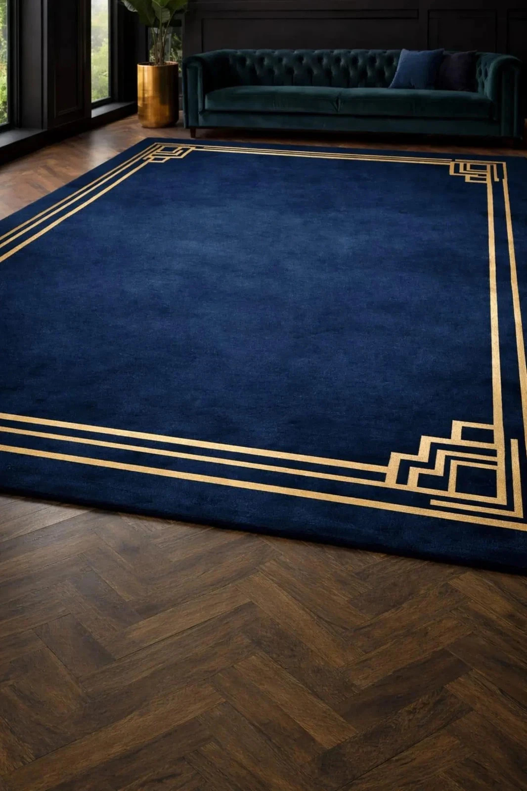 Hand Tufted Wool Rug | Navy Blue, Gold Art Deco Border Design Area Rug Carpet