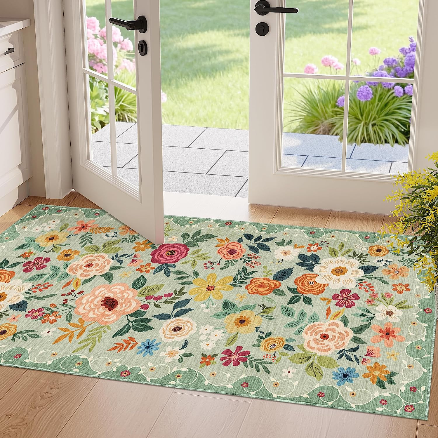 2X4 Rug for Entryway, Washable Kitchen Floral Runner Rug with Non Slip Backing,