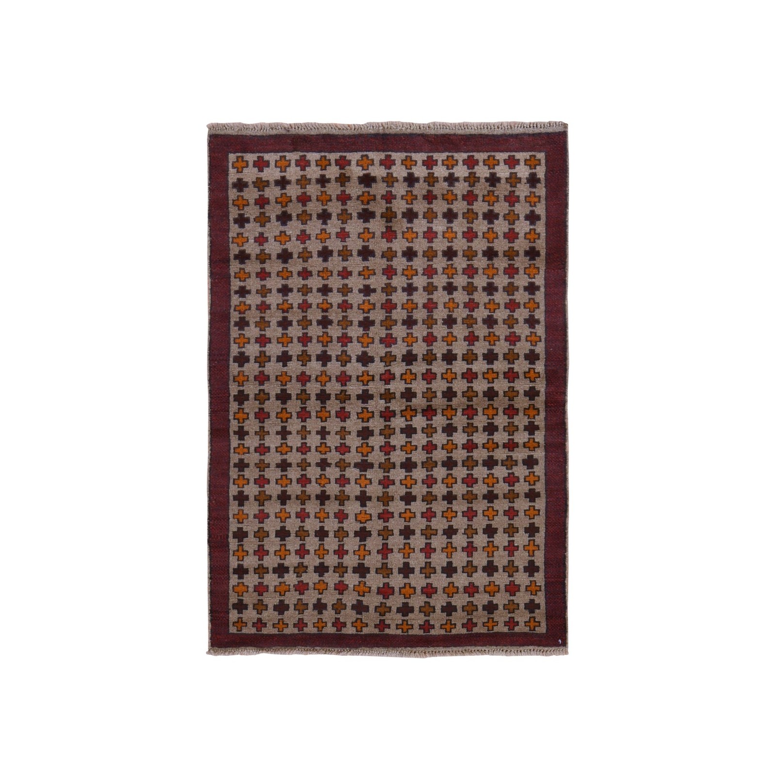 4’x5’8″ Beige Afghan Balooch with Geometric Design Hand Knotted Wool Rug 78787