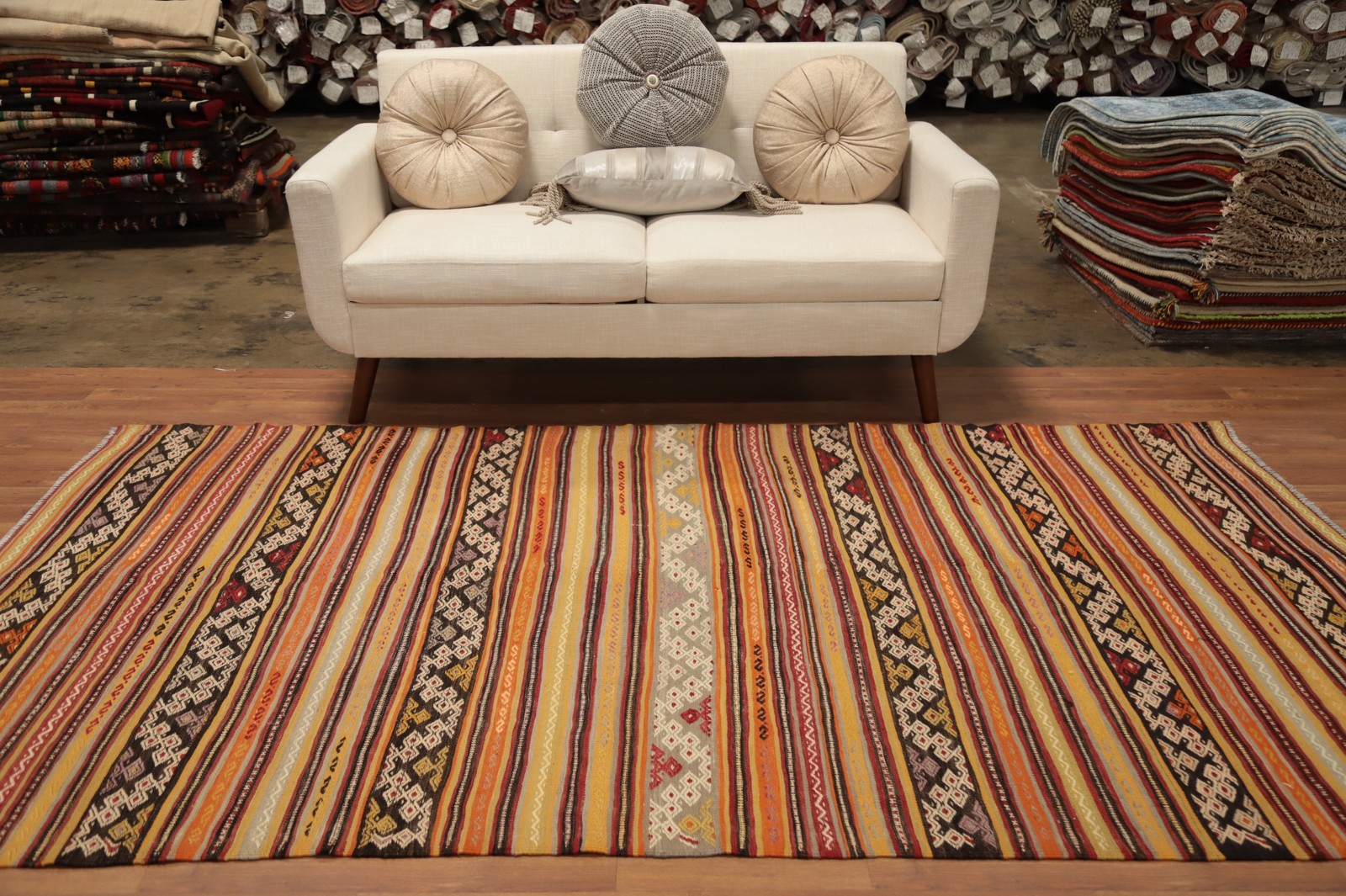 Flat-weave Kilim Area Rug 5×9 with Ethnic Geometric Designs and Textures