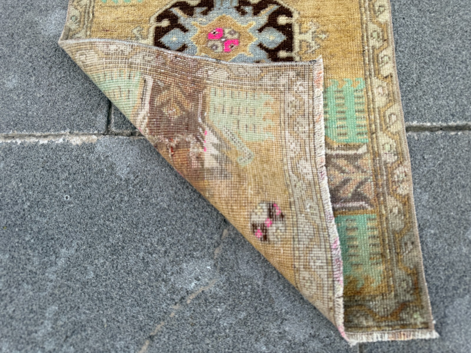 Vintage Turkish Oushak Rug 1.4×2.3 ft Mustard Gold Door Mat Accent Rug