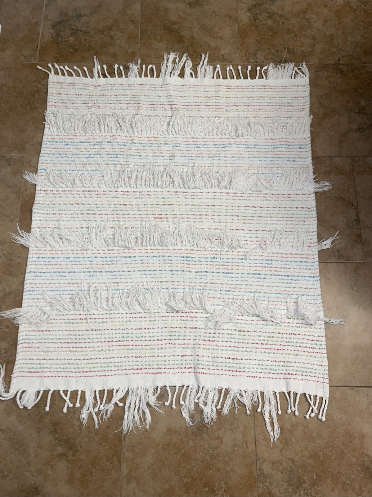 Woven White Rainbow Stripe Fringe Accent Rug 56×44″ Boho Kitchen Bath Décor Cott