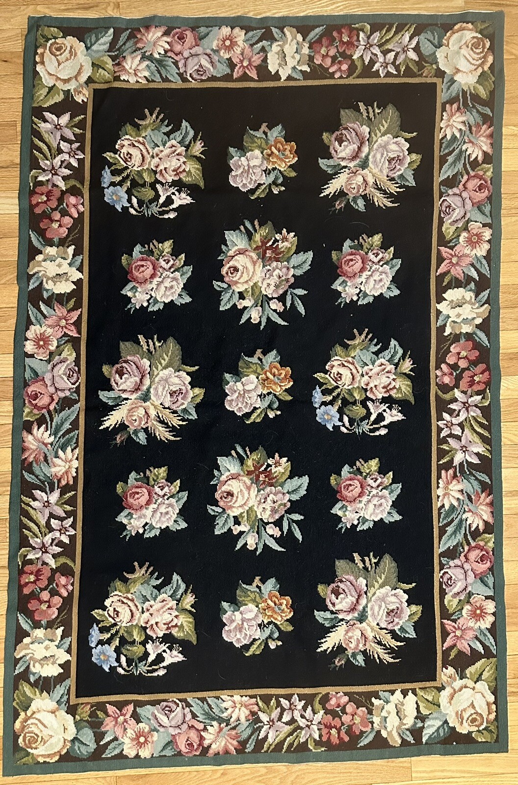 VTG 4′ X6′ Handmade Cross Stitch French Country Garden Needlepoint Rug Floral