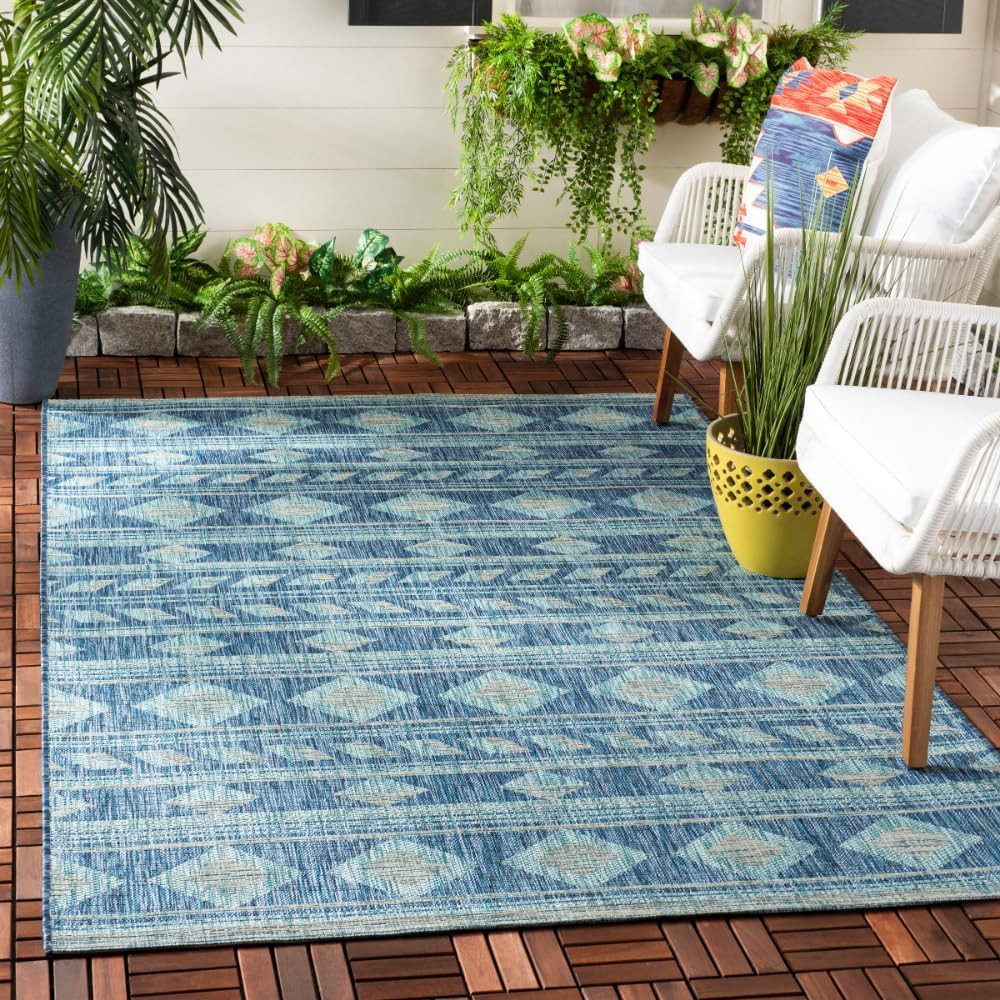 Washable Rug Outdoor Courtyard Collection – 5’3″ X 7’7″, Navy & Aqua Blue, Non-S