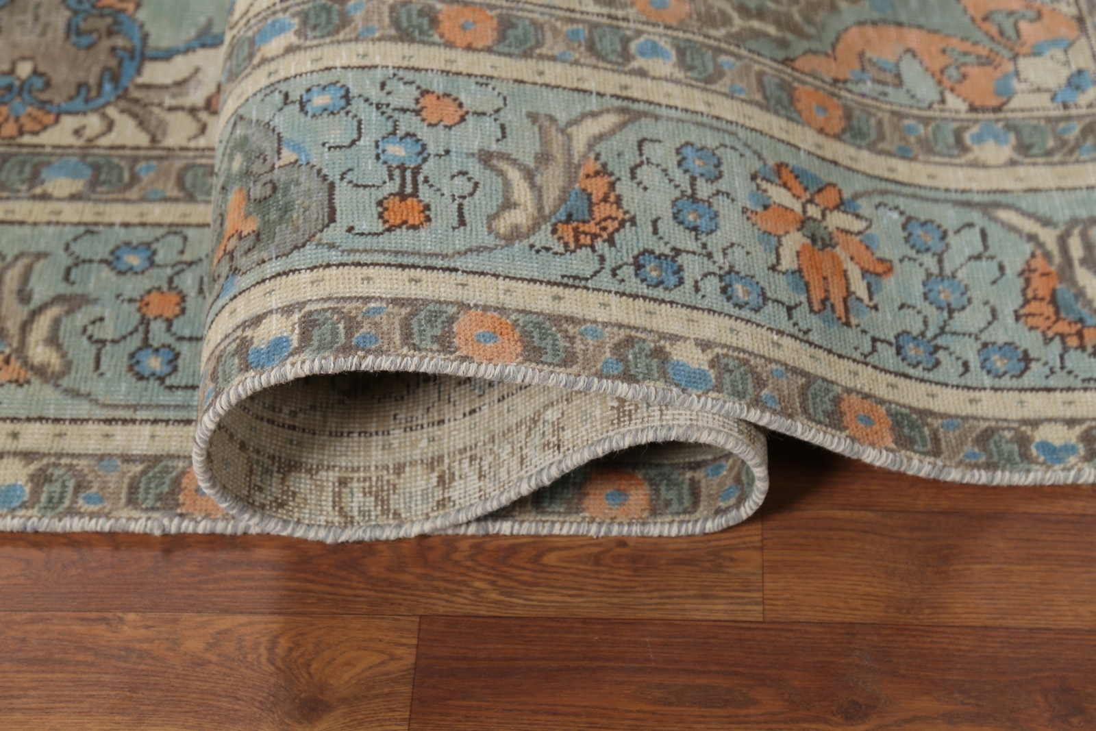 Sage Green Over-Dyed Wool Tebriz Vintage Handmade Living Room Area Rug 7×10