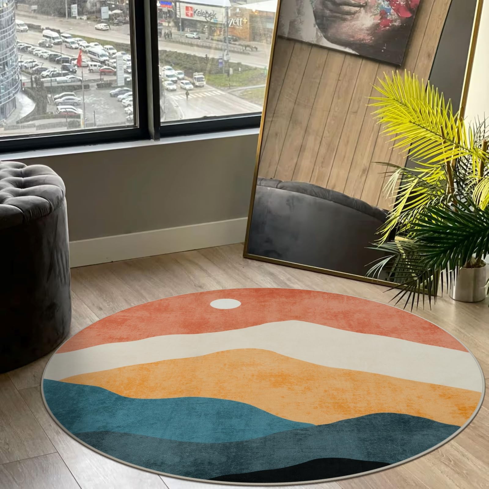 5 Ft Colorful Abstract Round Rug – Washable Non-Slip Soft Floor Mat