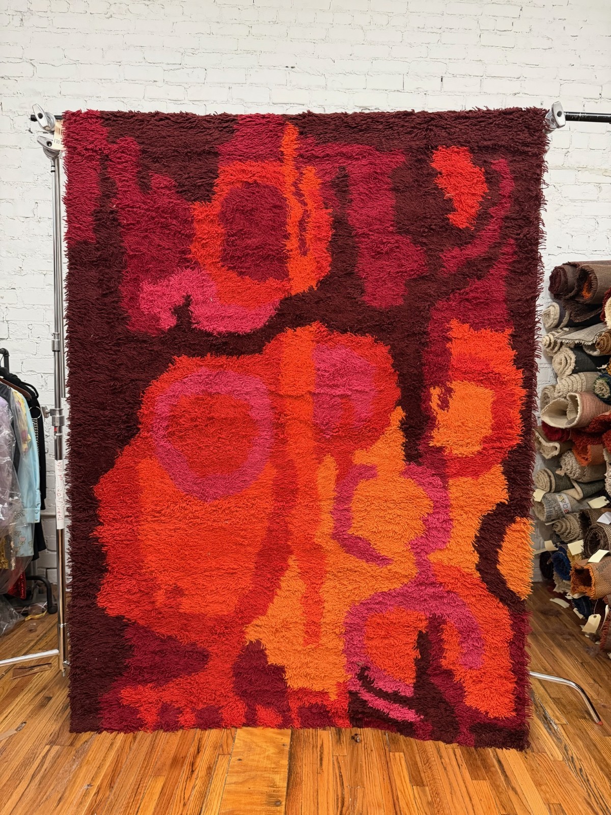 70s CARMEN Abstract Circle Brown Orange UNUSED Mid Century Wool Rya Rug Modern