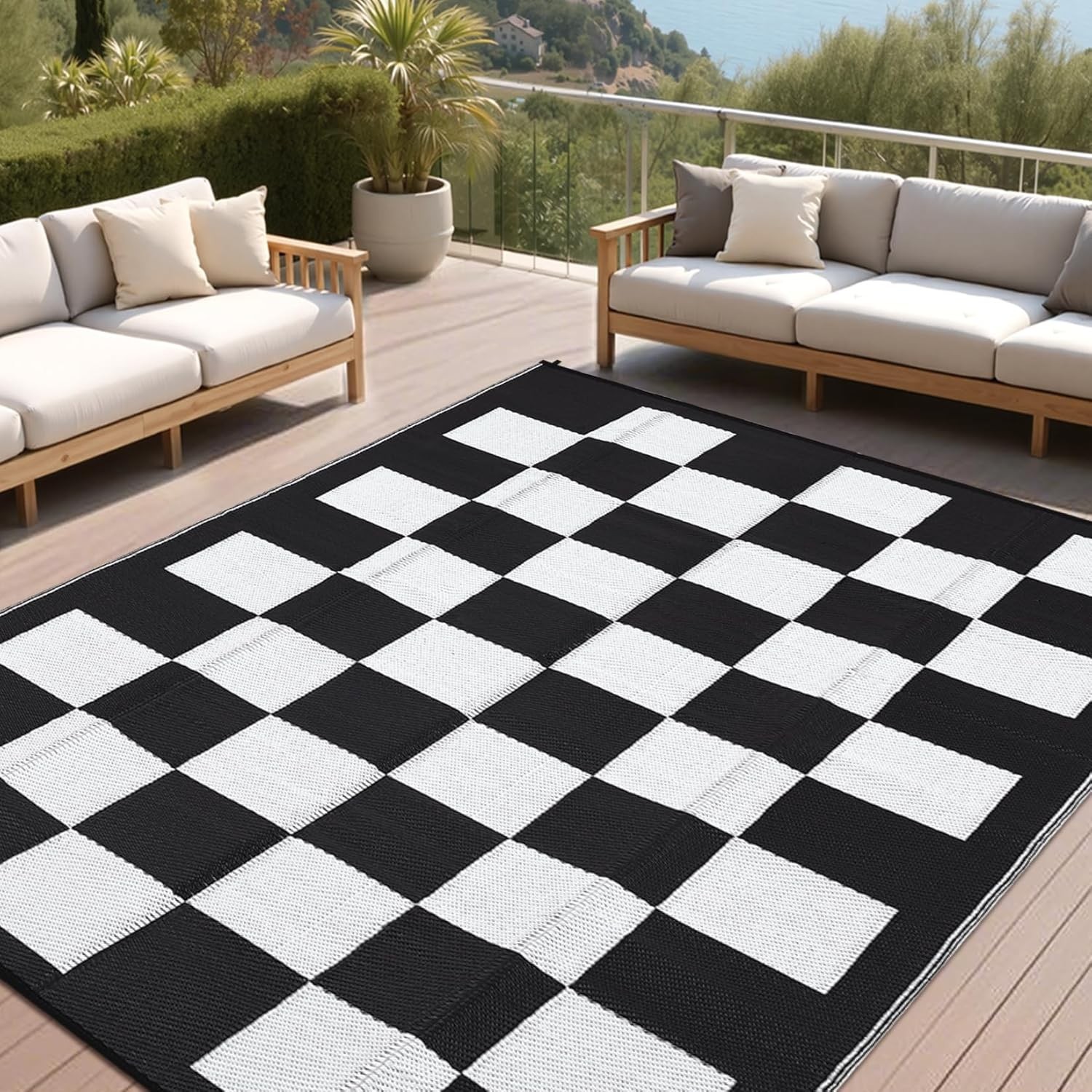 8X10FT Outdoor Rug Geometric Plaid Camping Mat for Patio UV-Resistant Reversible