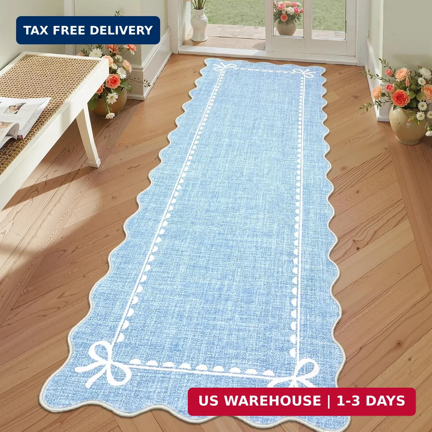 Scalloped Bow Rug for Living Room, Solid Blue Rug for Dorm, Washable Runner