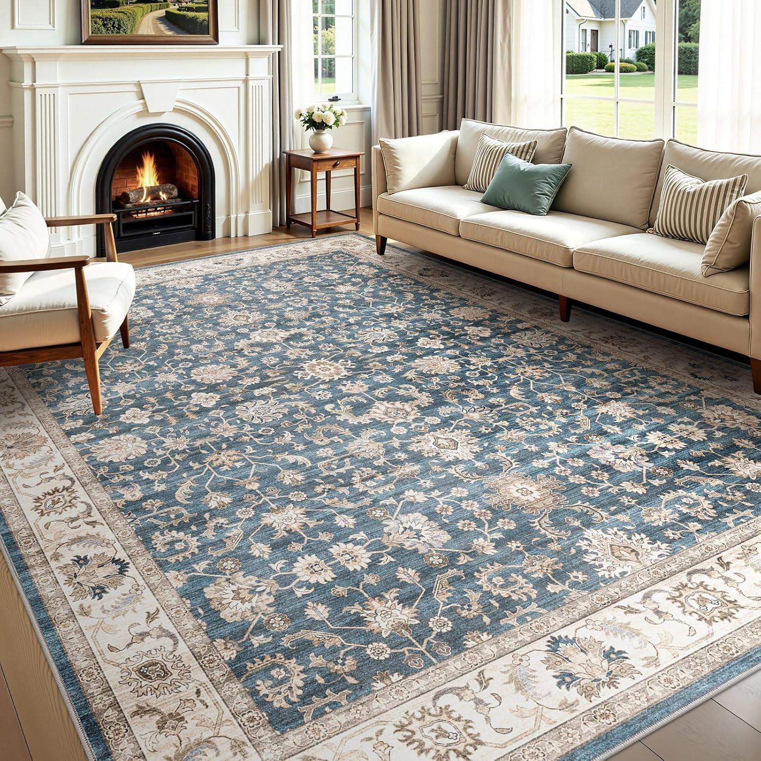 Modern 9×12 Blue Area Rug – Machine Washable, Non-Slip, Stain Resistant