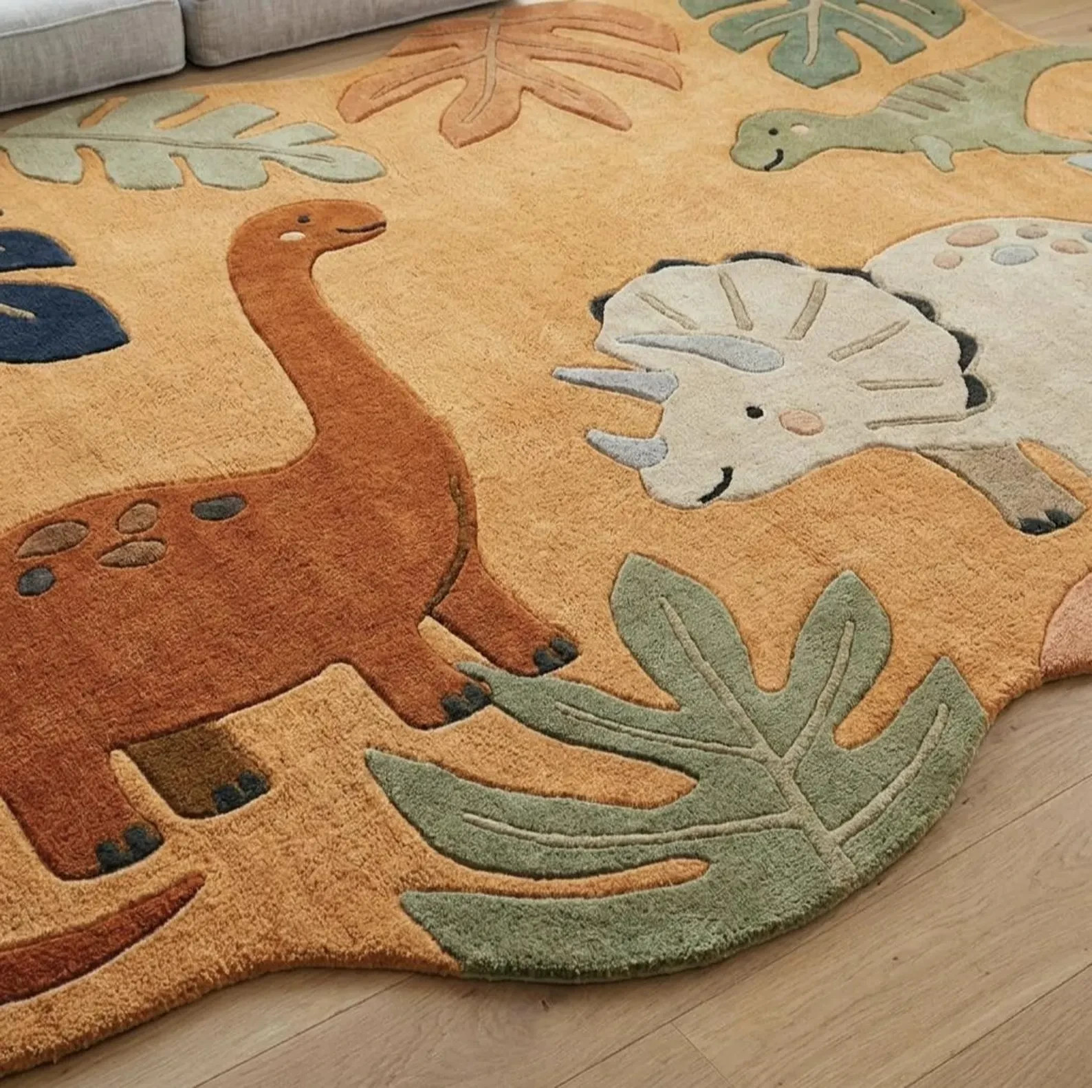 Hand Tufted Wool Dinosaur Rug Mustard Sage Nursery Carpet Scandinavian Modern