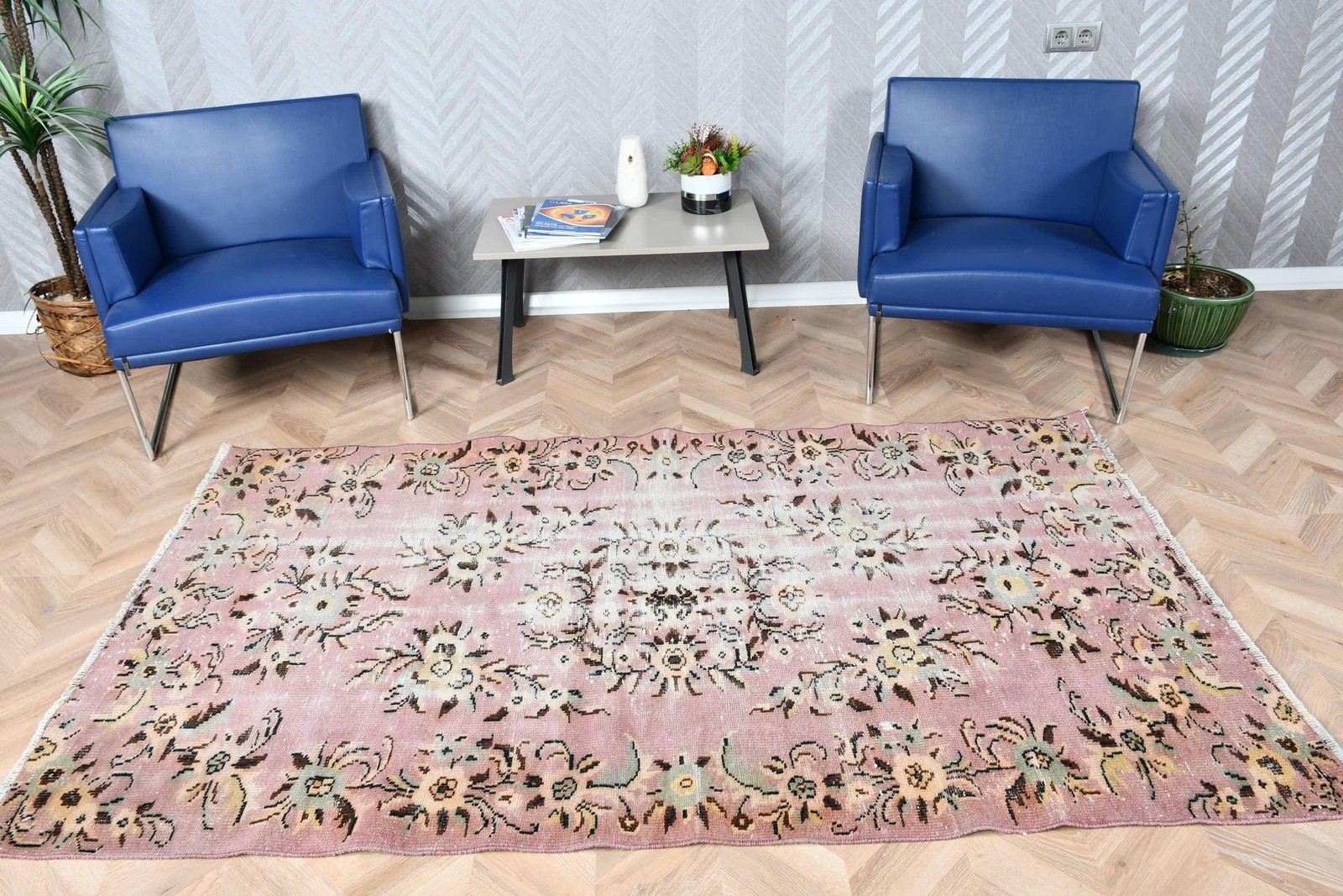 4,3×7,3 ft Vintage Rug, Turkish Rug, Pink Plants & trees Wool Rug