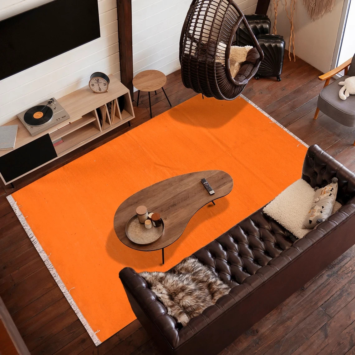 Handmade Orange Wool Kilim Rug 4.2×5 ft Reversible Flatweave Area Rug