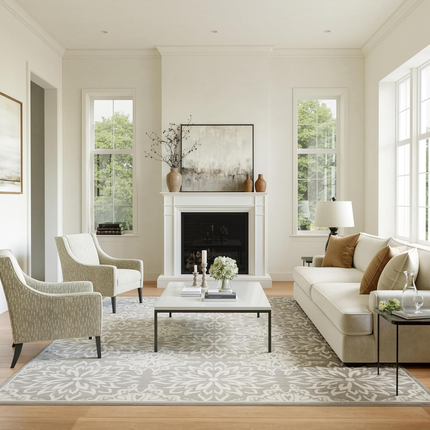 Jubilant Floral Ivory/Grey 7′ x 10′ Area Rug – Easy Clean, Non-Shedding