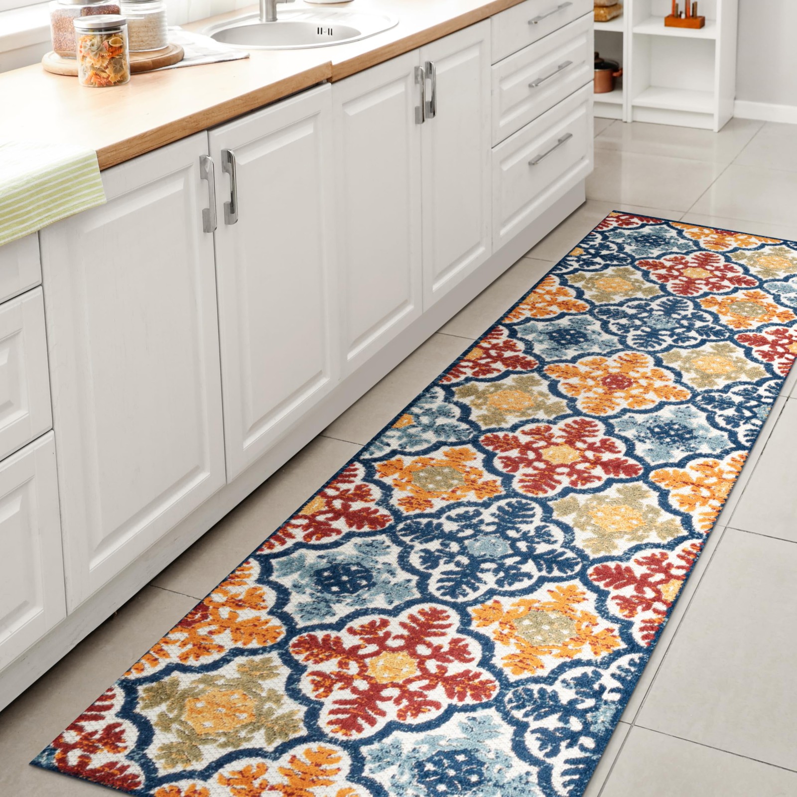 Ornate Ogee Trellis High-Low Indoor Outdoor Runner Rug 2X8 Blue/Multi, Cassis…