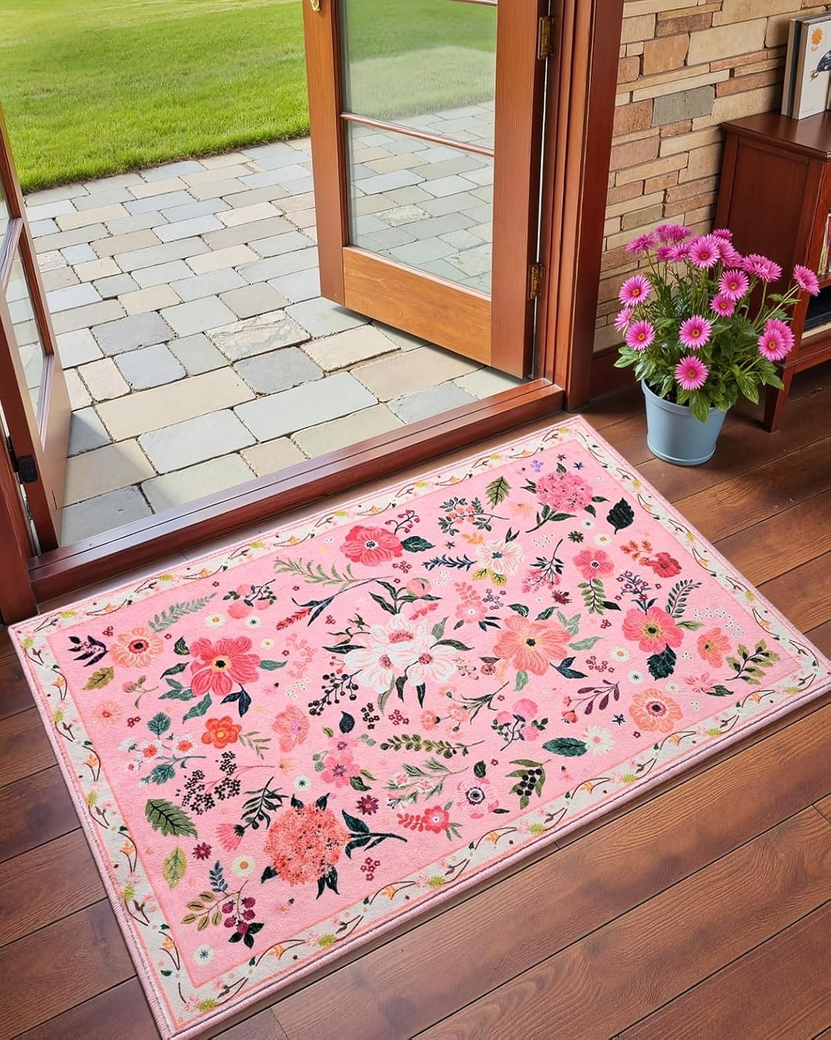 2×3 Pink Floral Rug for Entryway, Flowers Printed Washable Small Rugs with No…