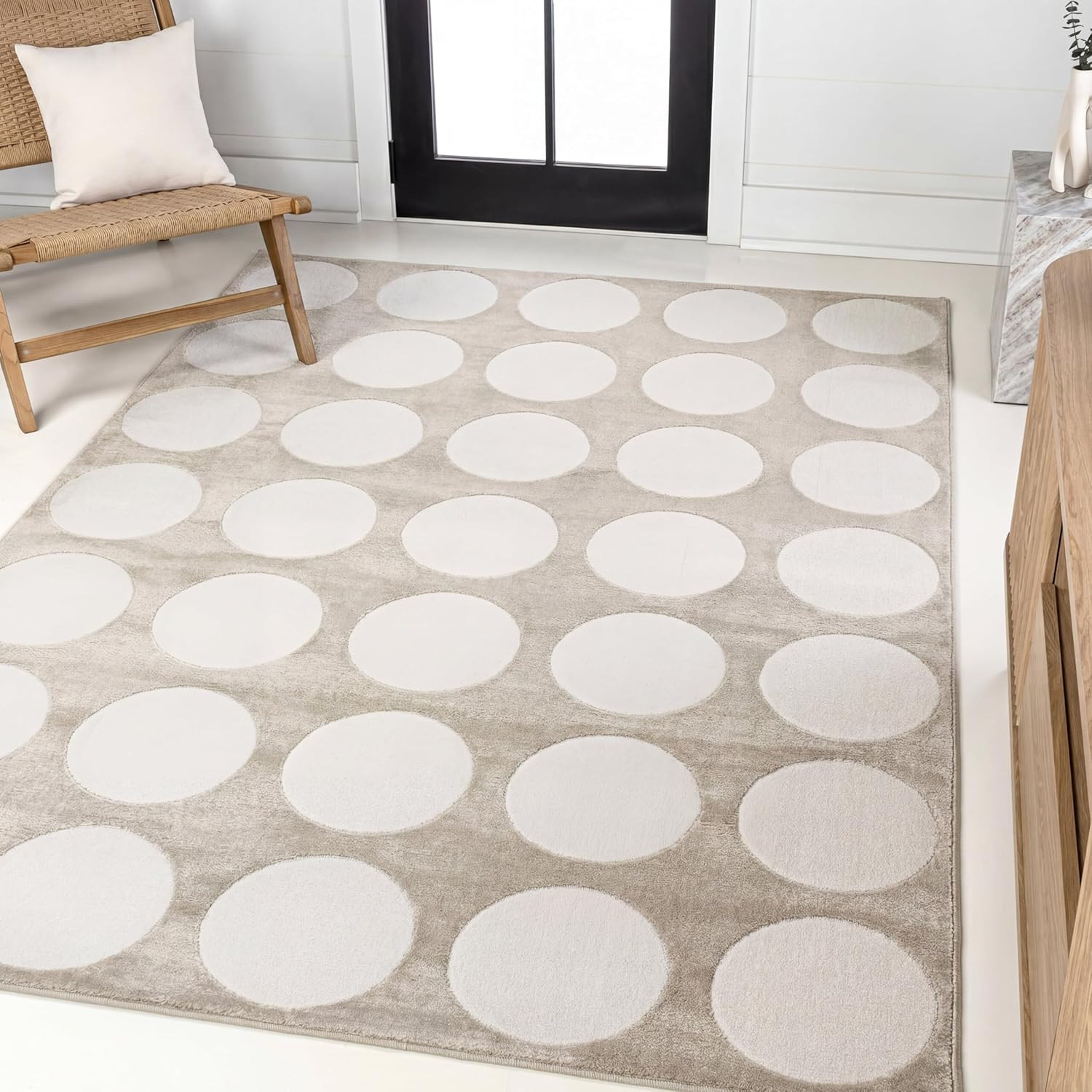 Modern Circle Dot High-Low Beige Area Rug 8×10 Ft, Pet-Friendly & Easy-Clean