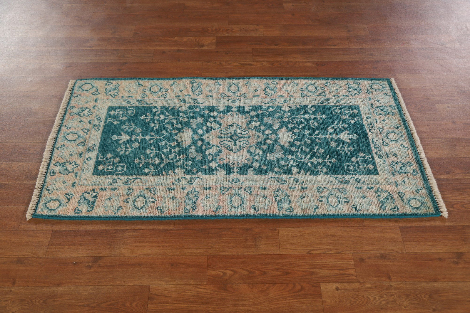 Vegetable Dye Oushak Turkish Accent Rug 2×4 Ft Handmade Green Teal Wool Carpet