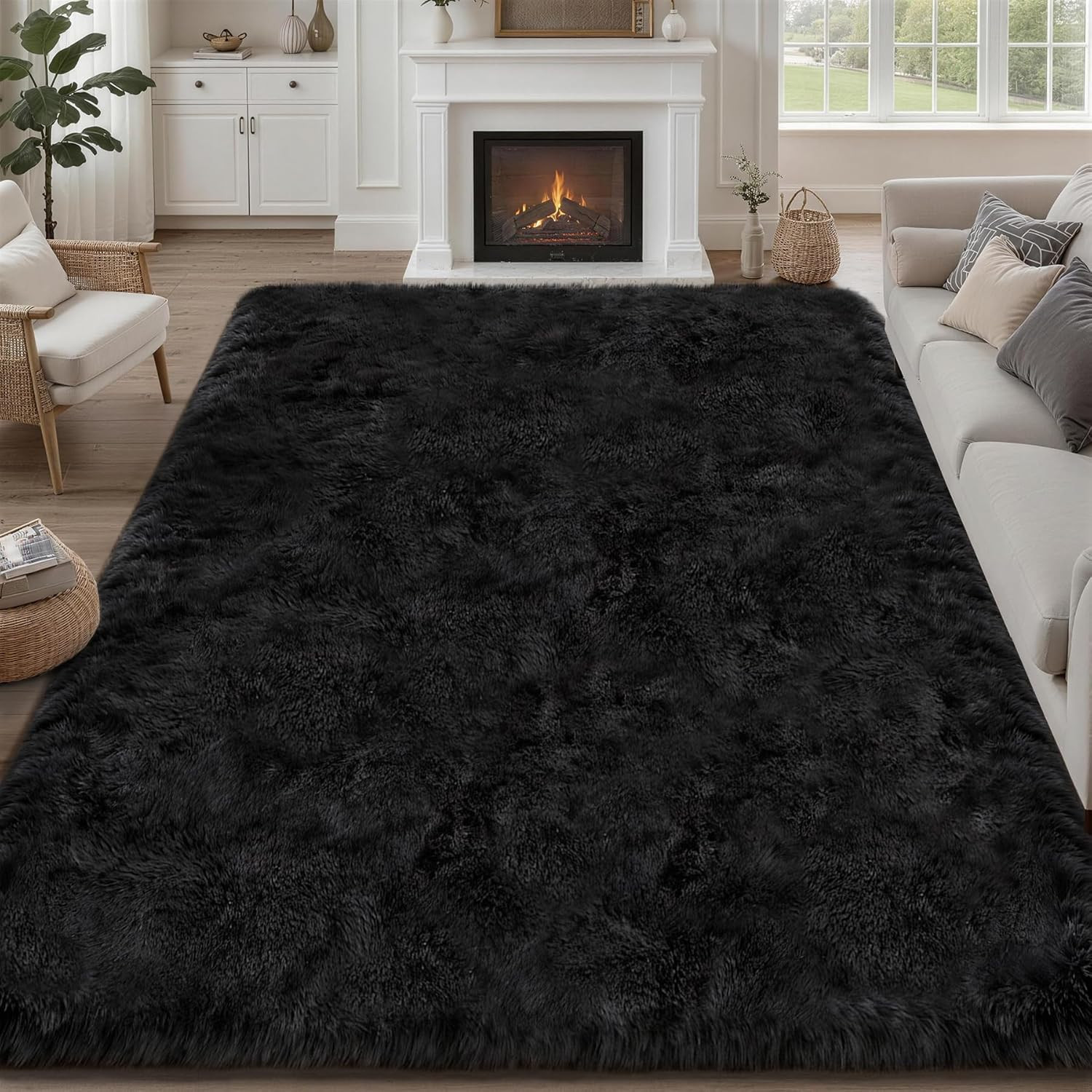 Ultra Soft 8×10 Black Shag Rug – Non-Slip Plush Carpet for Living Room & Kids