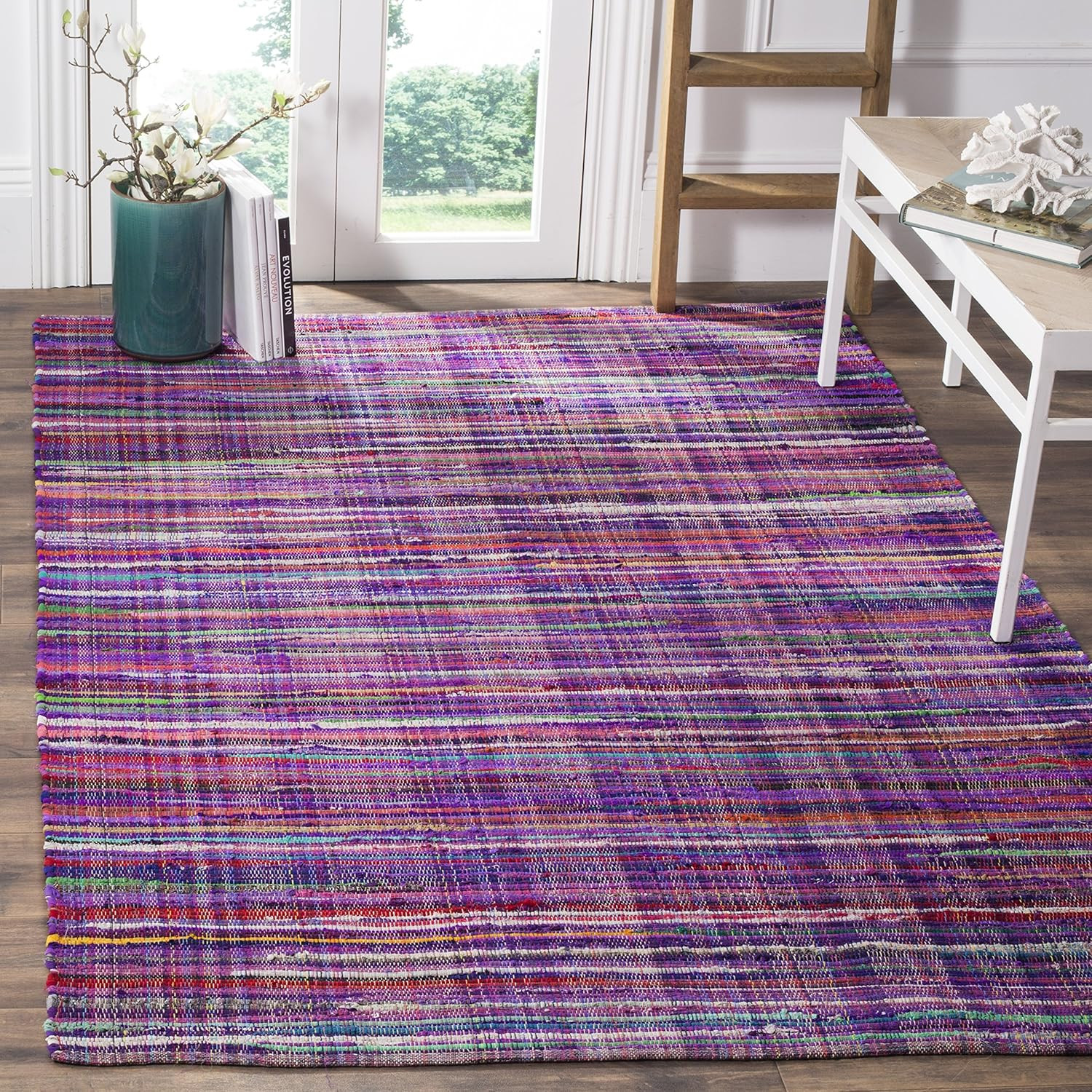 Handmade Boho Stripe Rag Rug – 5′ x 8′, Purple & Multi, Durable for High Traffic
