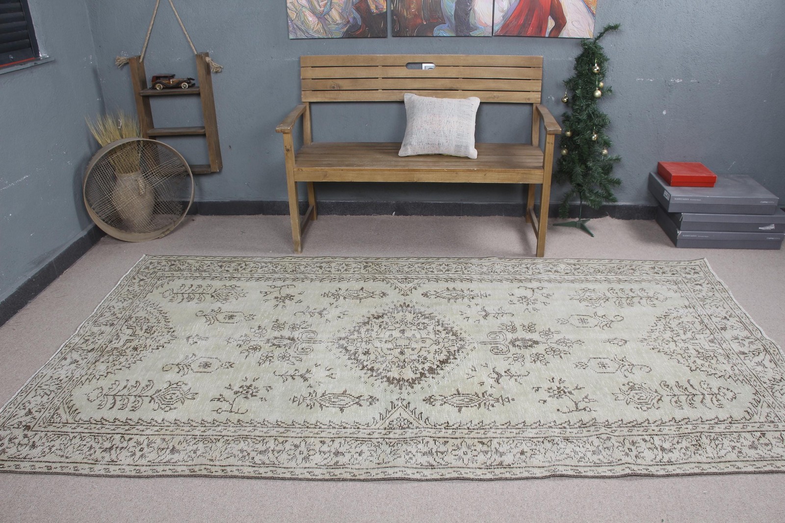 Vintage Large Rug 4,6×9,1 ft, White Brown Camouflage Rug Wool